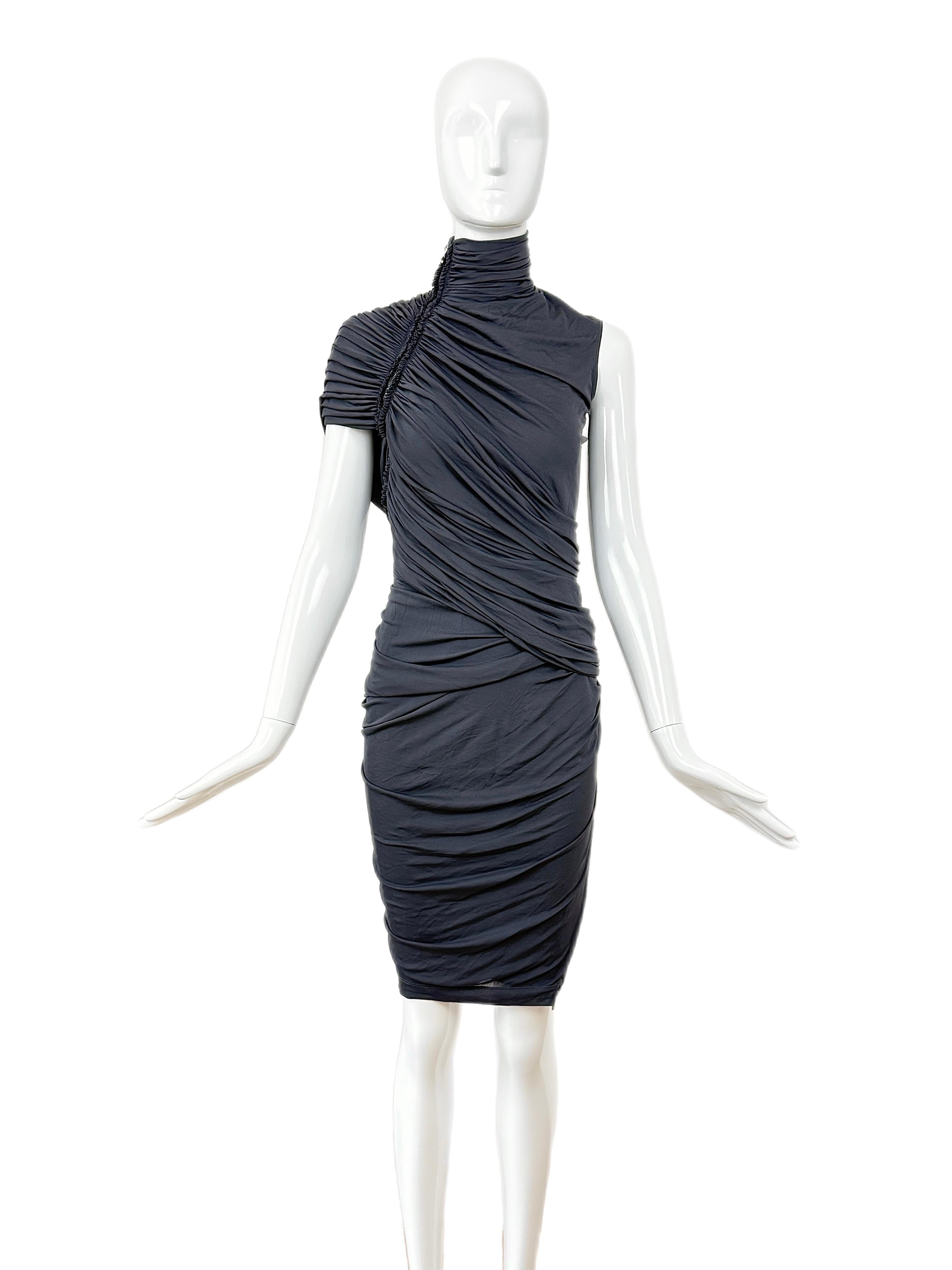 DONNA KARAN Vestido gris vintage con cremallera y fruncido en venta 5