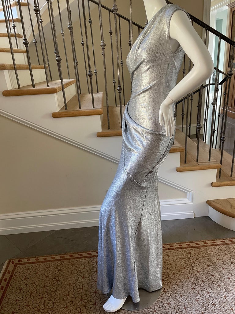 donna karan silver dress Donna Karan 1990s Size 4 Silver Grecian Metallic Strapless Vintage Silk 90s  Gown at 1stDibs