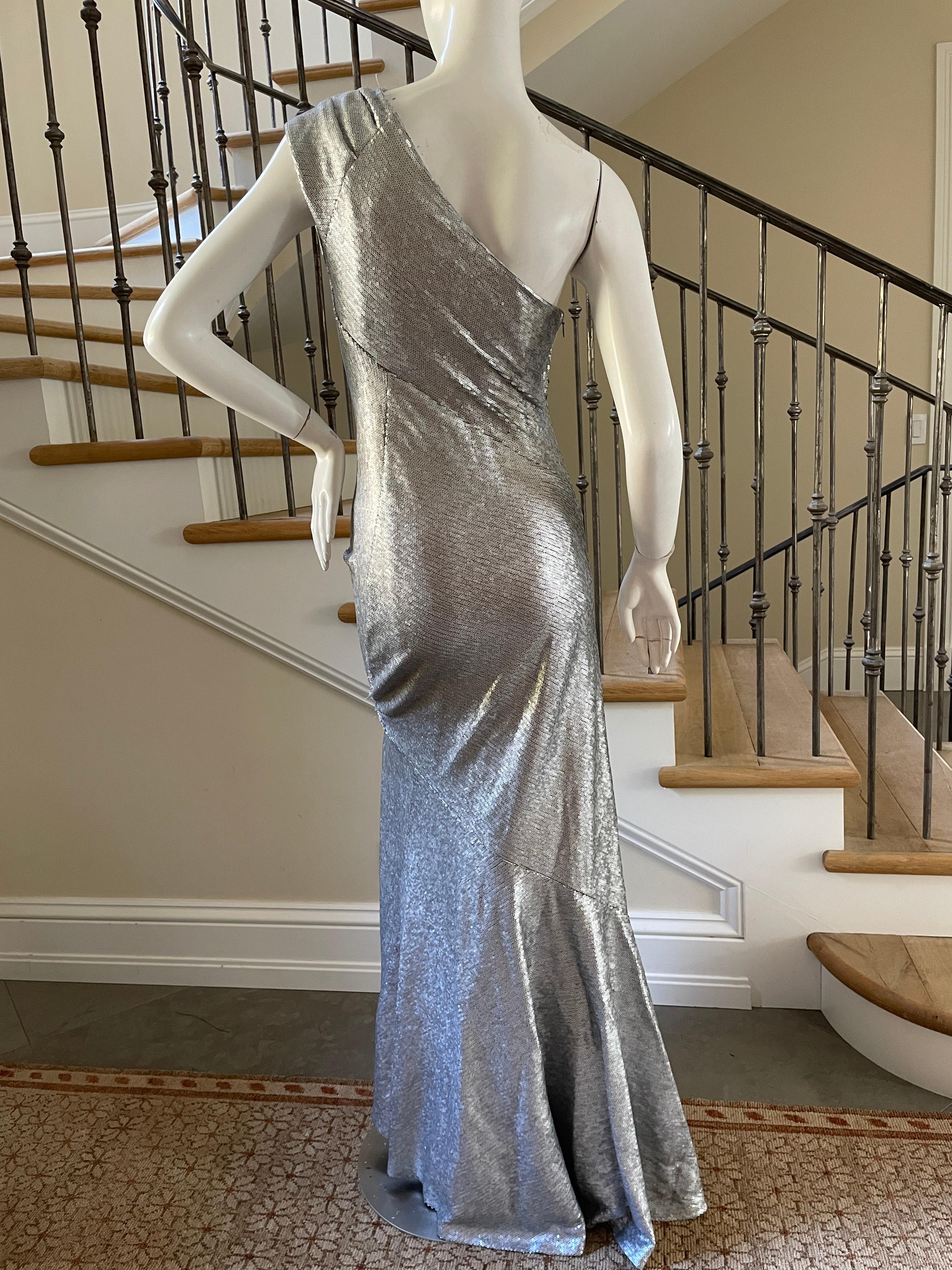 Women's Donna Karan Vintage Matte Silver Sequin One Shoulder Evening Dress For Sale