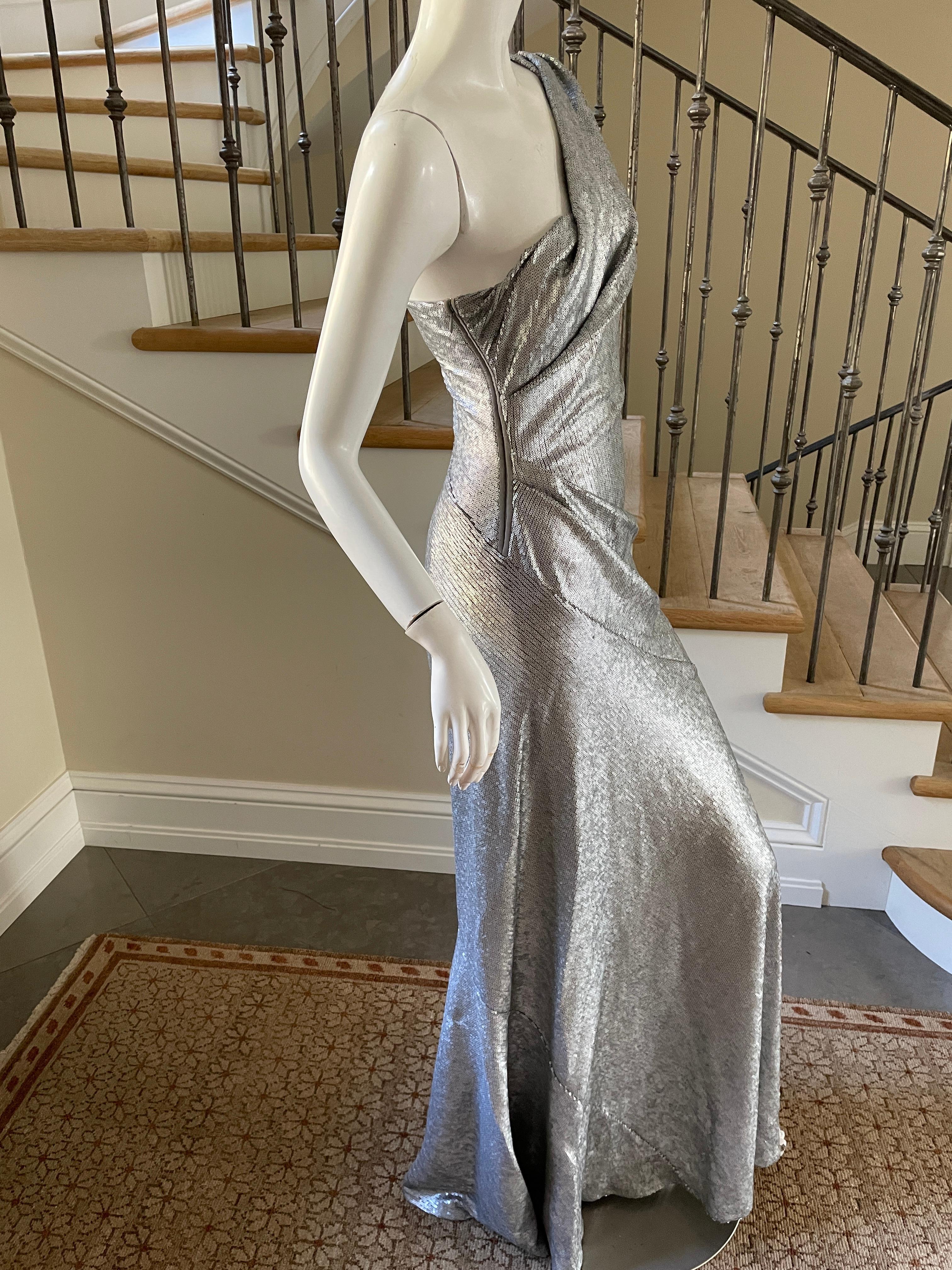 Donna Karan Vintage Matte Silver Sequin One Shoulder Evening Dress For Sale 1