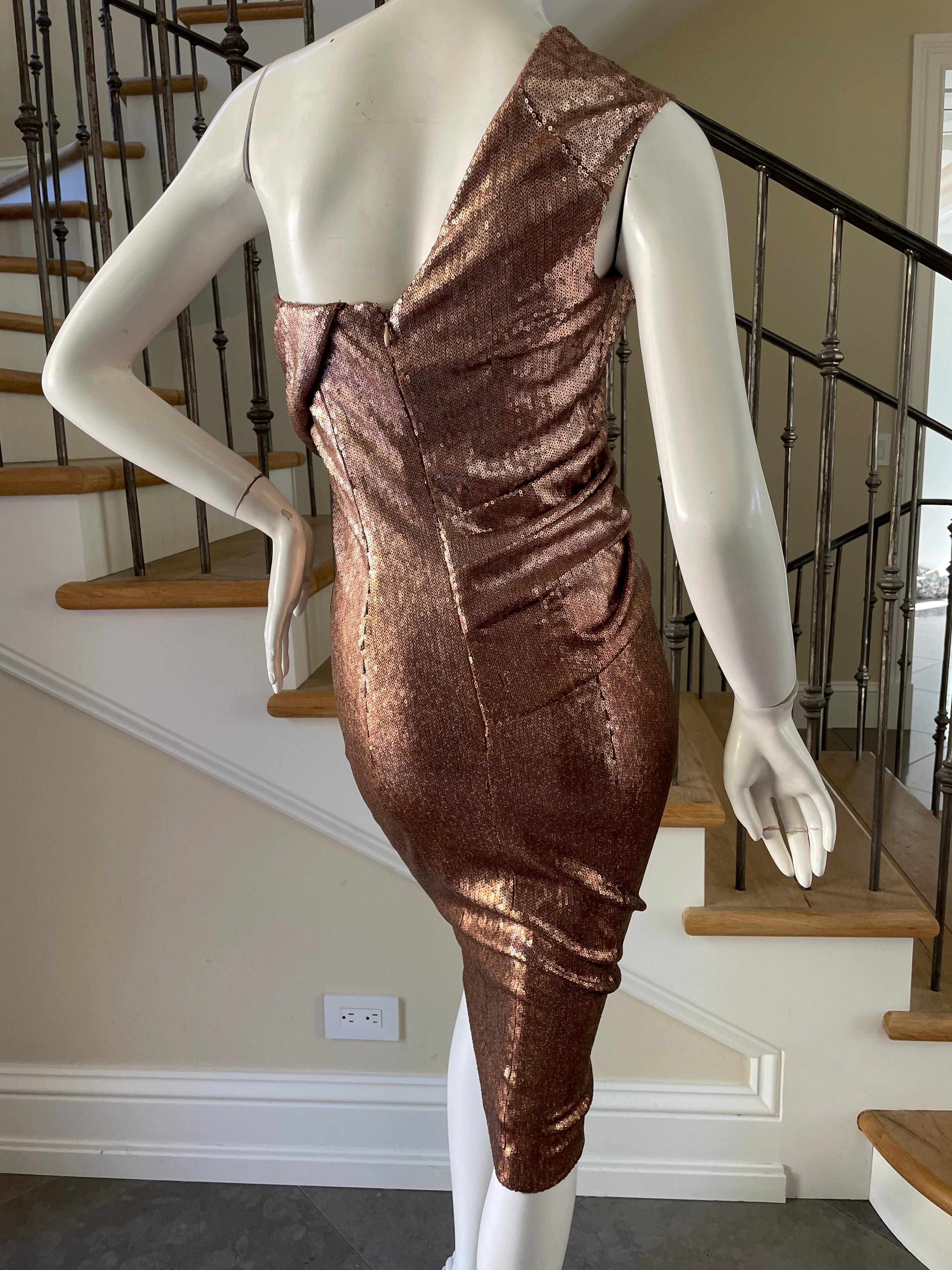 Brown Donna Karan Vintage Metallic Copper Sequin One Shoulder Cocktail Dress NWT $2195 For Sale