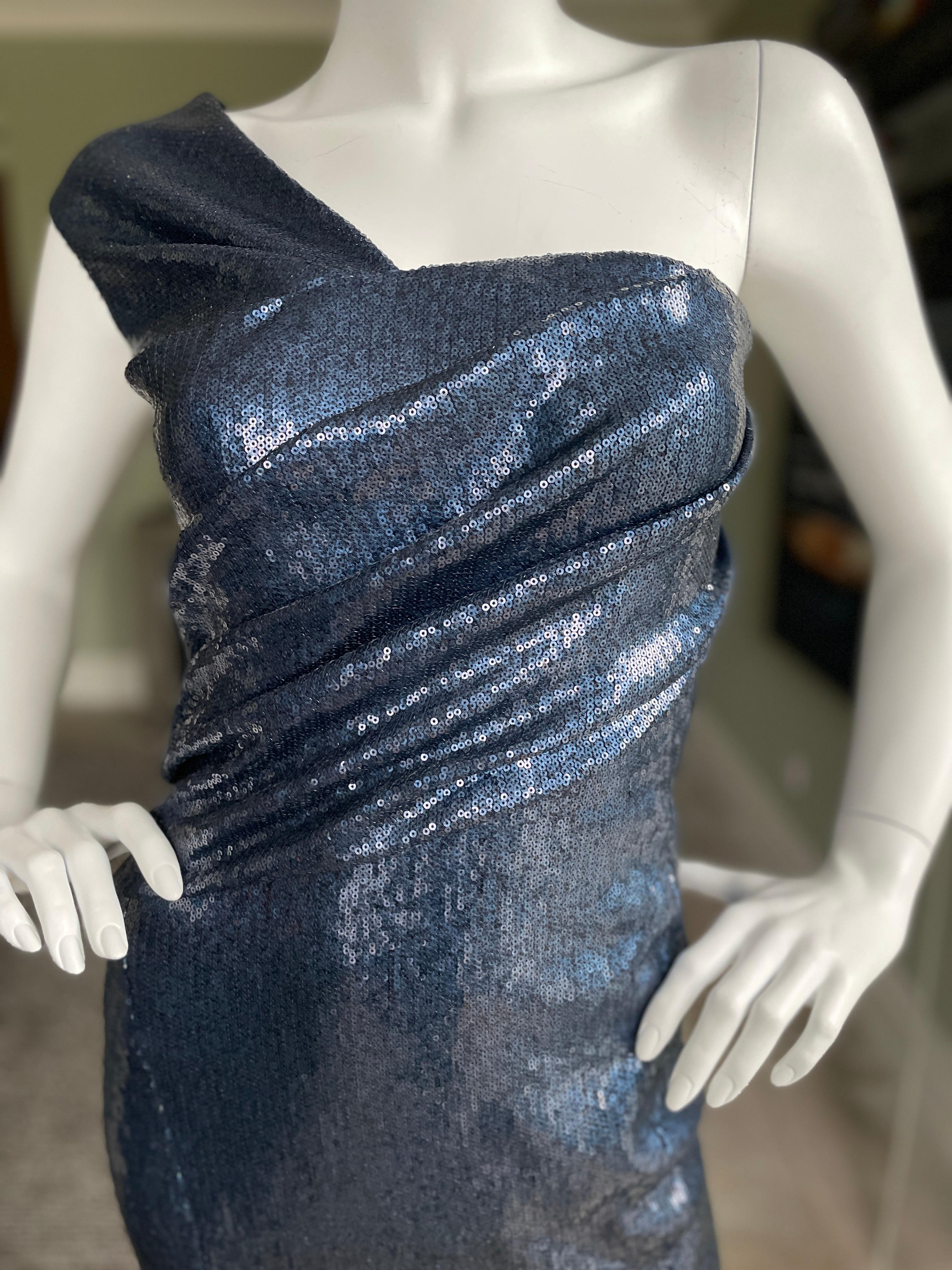 Women's Donna Karan Vintage Navy Blue Sequin One Shoulder Cocktail Dress For Sale