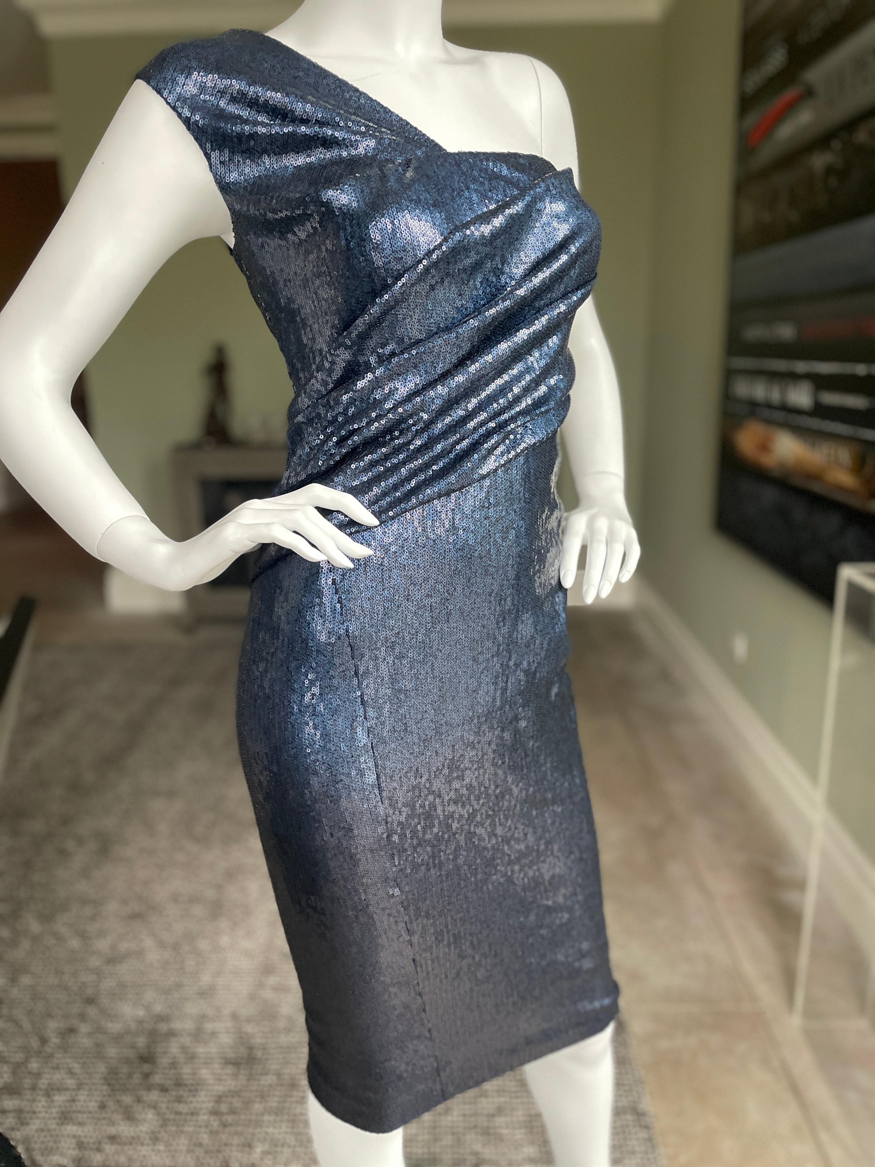 Donna Karan Vintage Navy Blue Sequin One Shoulder Cocktail Dress For Sale 1