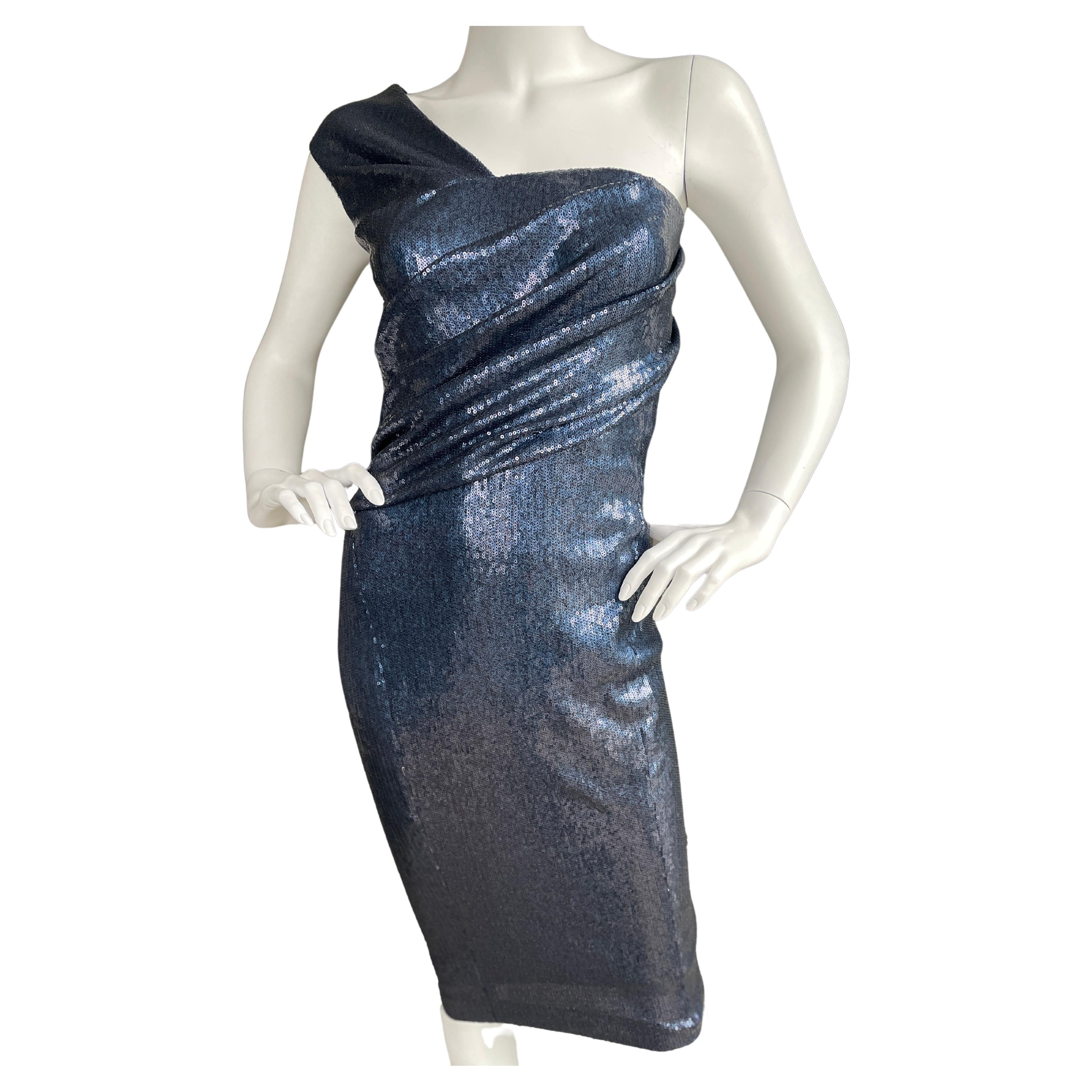 Donna Karan Vintage Navy Blue Sequin One Shoulder Cocktail Dress For Sale