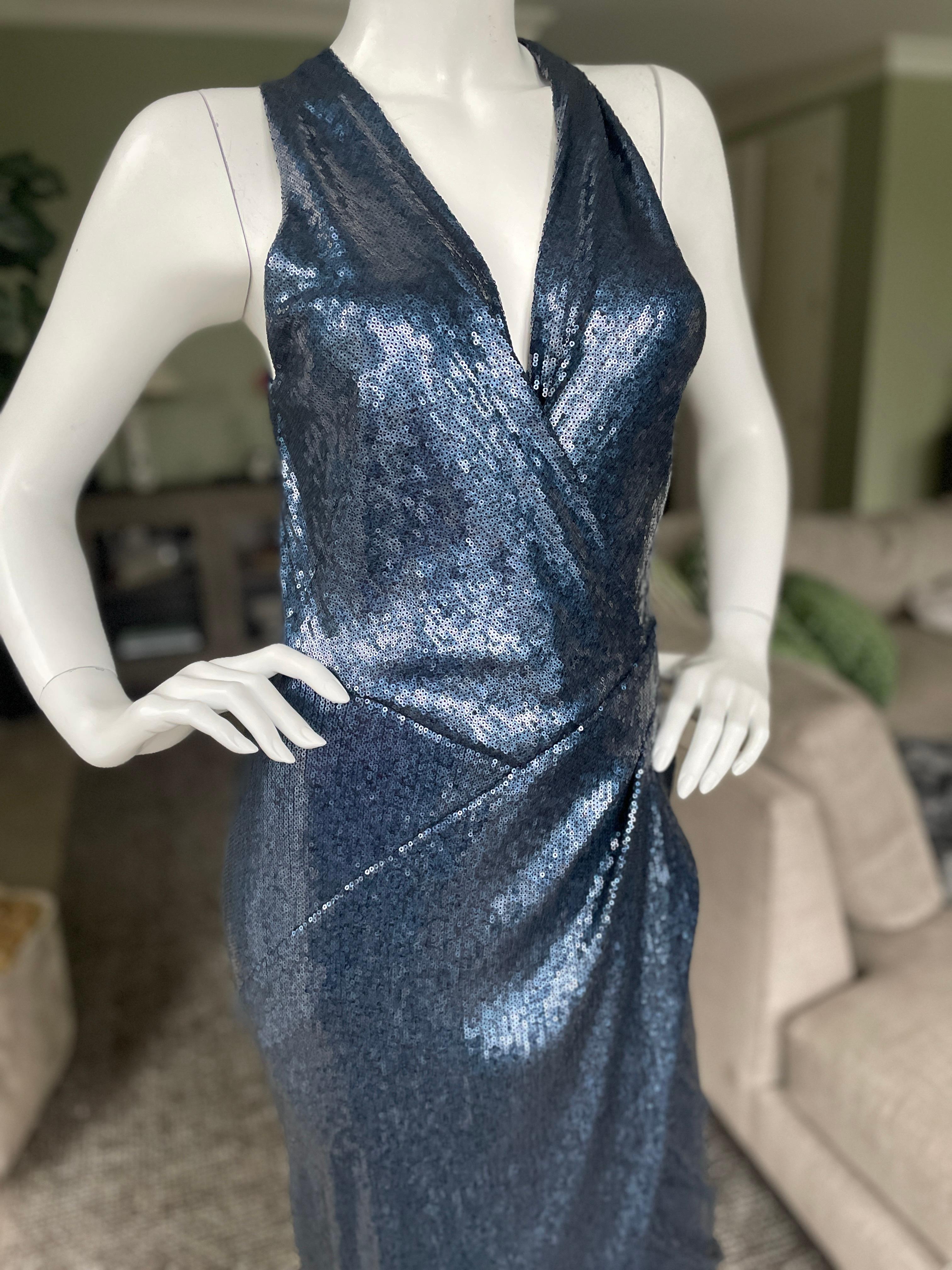Donna Karan Vintage Navy Blue Sequin Plunging Stretch Dress In Excellent Condition For Sale In Cloverdale, CA
