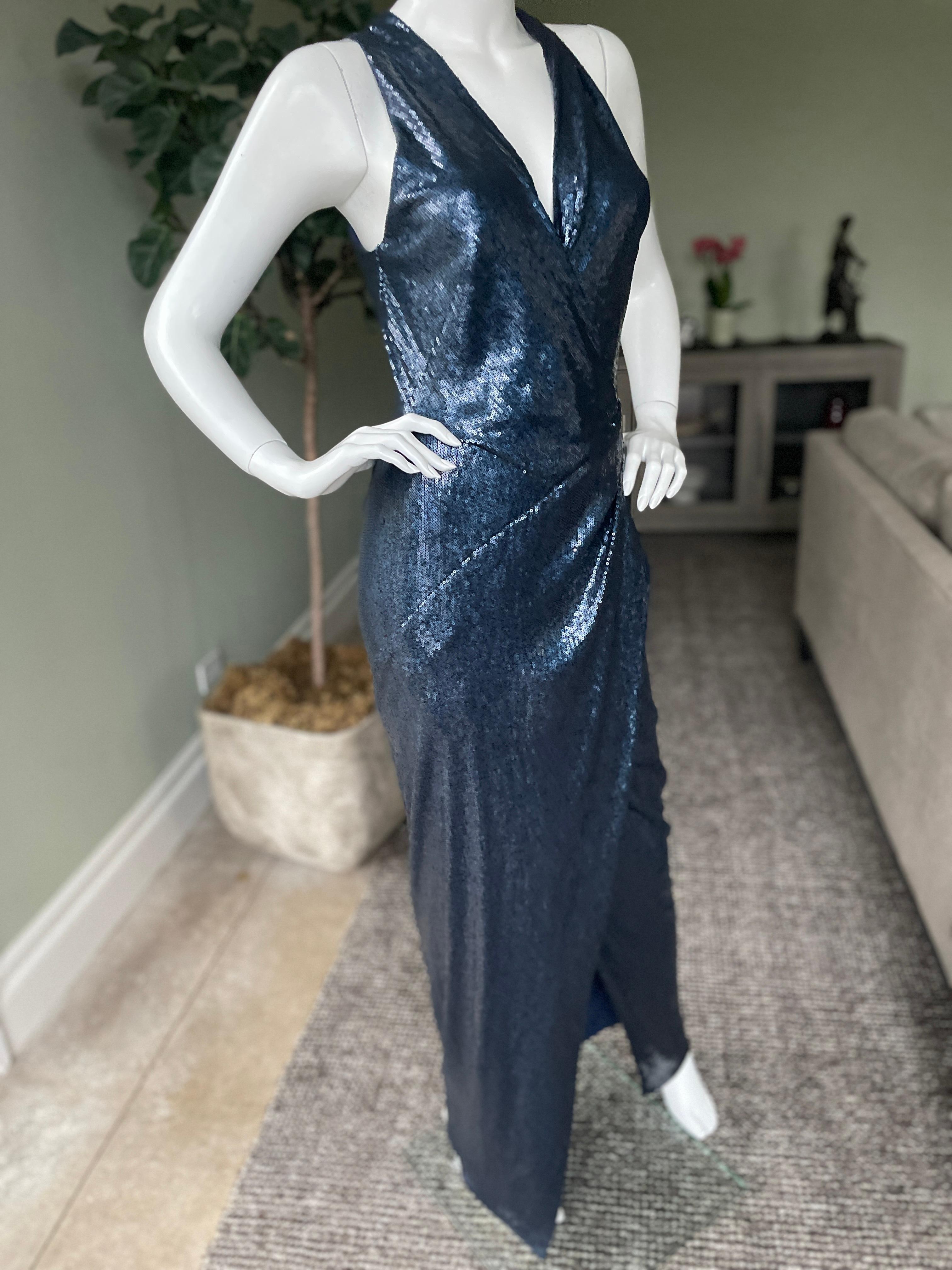 Women's Donna Karan Vintage Navy Blue Sequin Plunging Stretch Dress For Sale