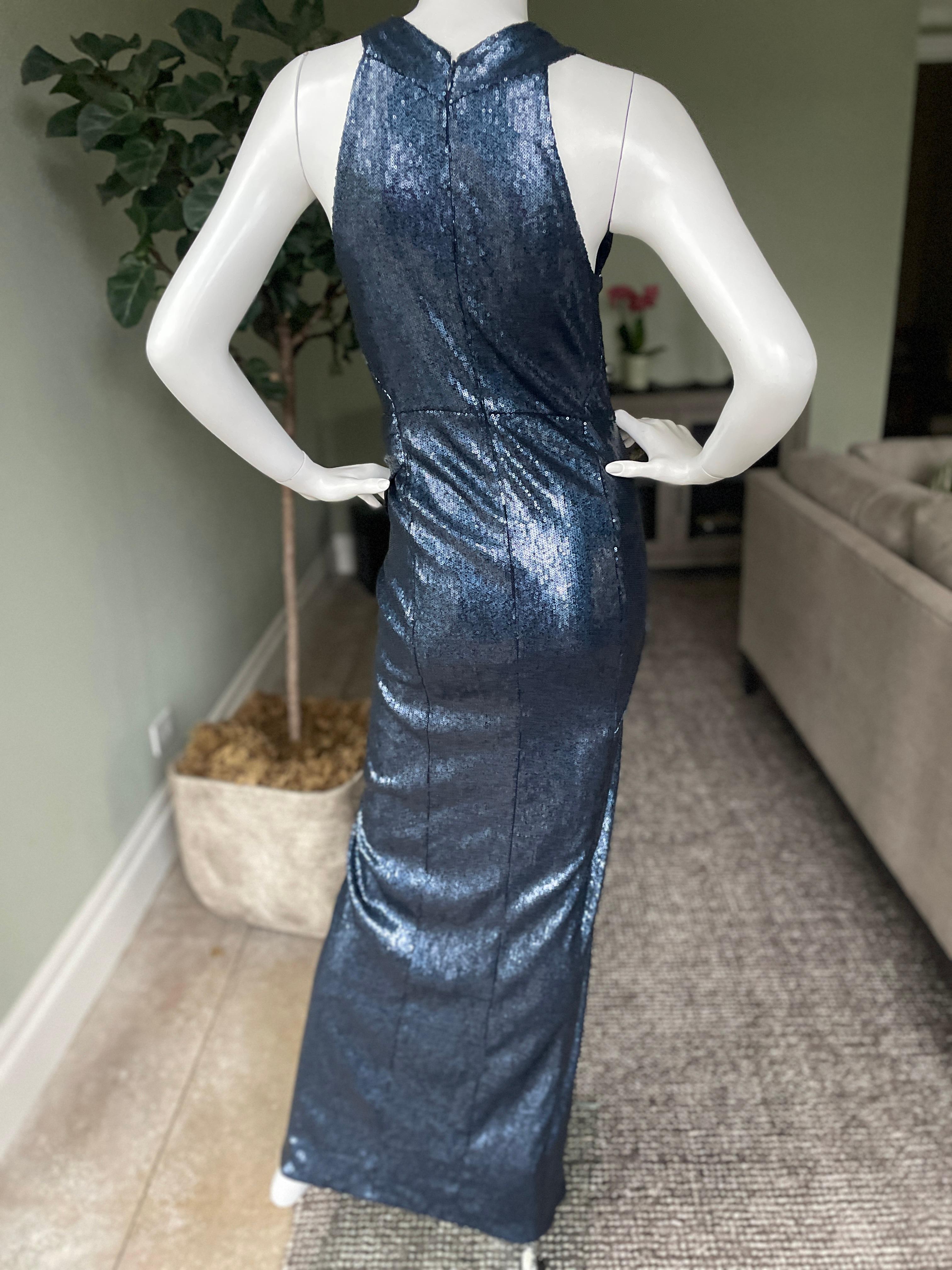 Donna Karan Vintage Navy Blue Sequin Plunging Stretch Dress For Sale 1