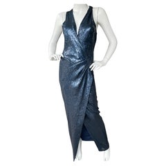 Donna Karan Vintage Navy Blue Sequin Plunging Stretch Dress  