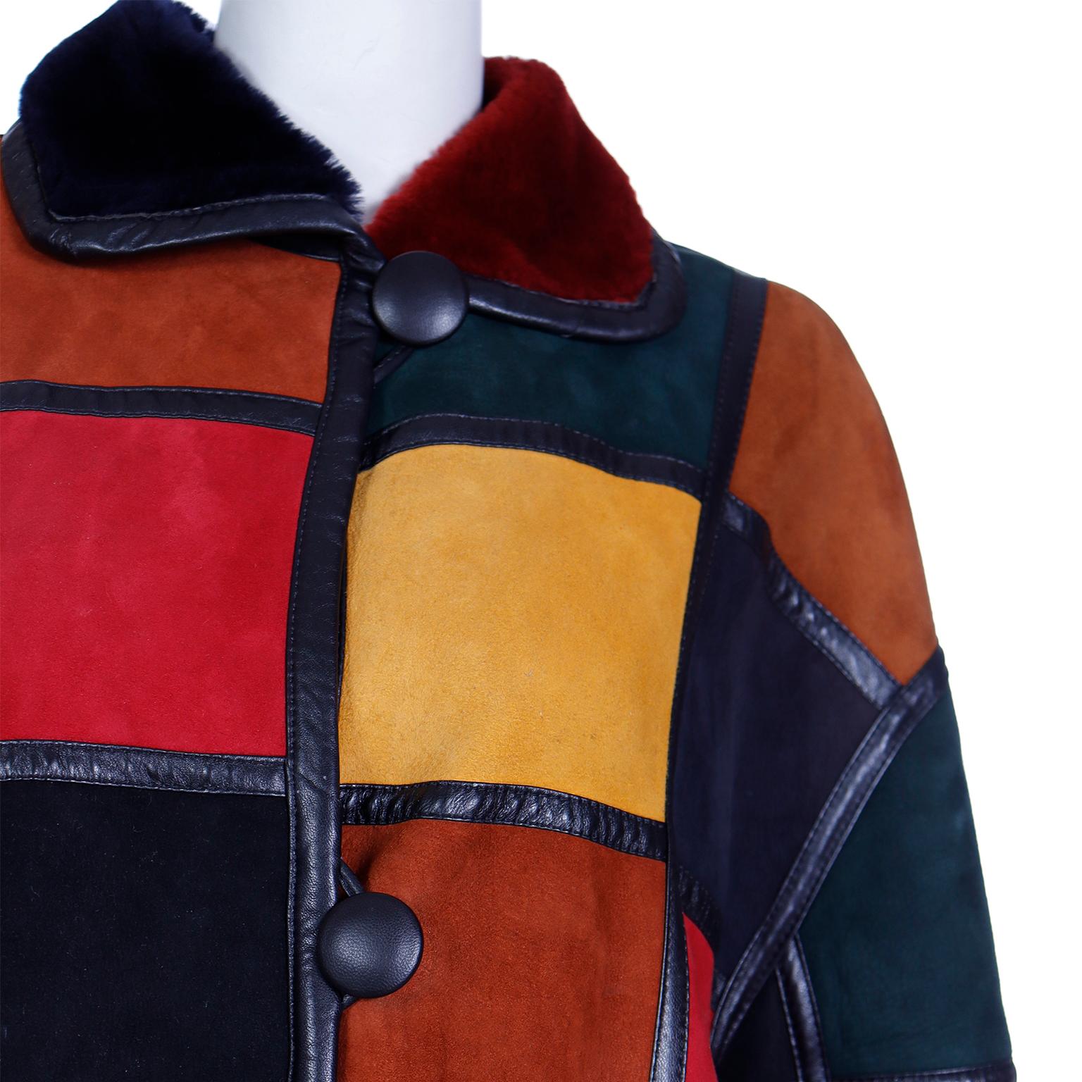 Donna Karan Vintage Patchwork Color Block Shearling Reversible Coat w Faux Fur  For Sale 3
