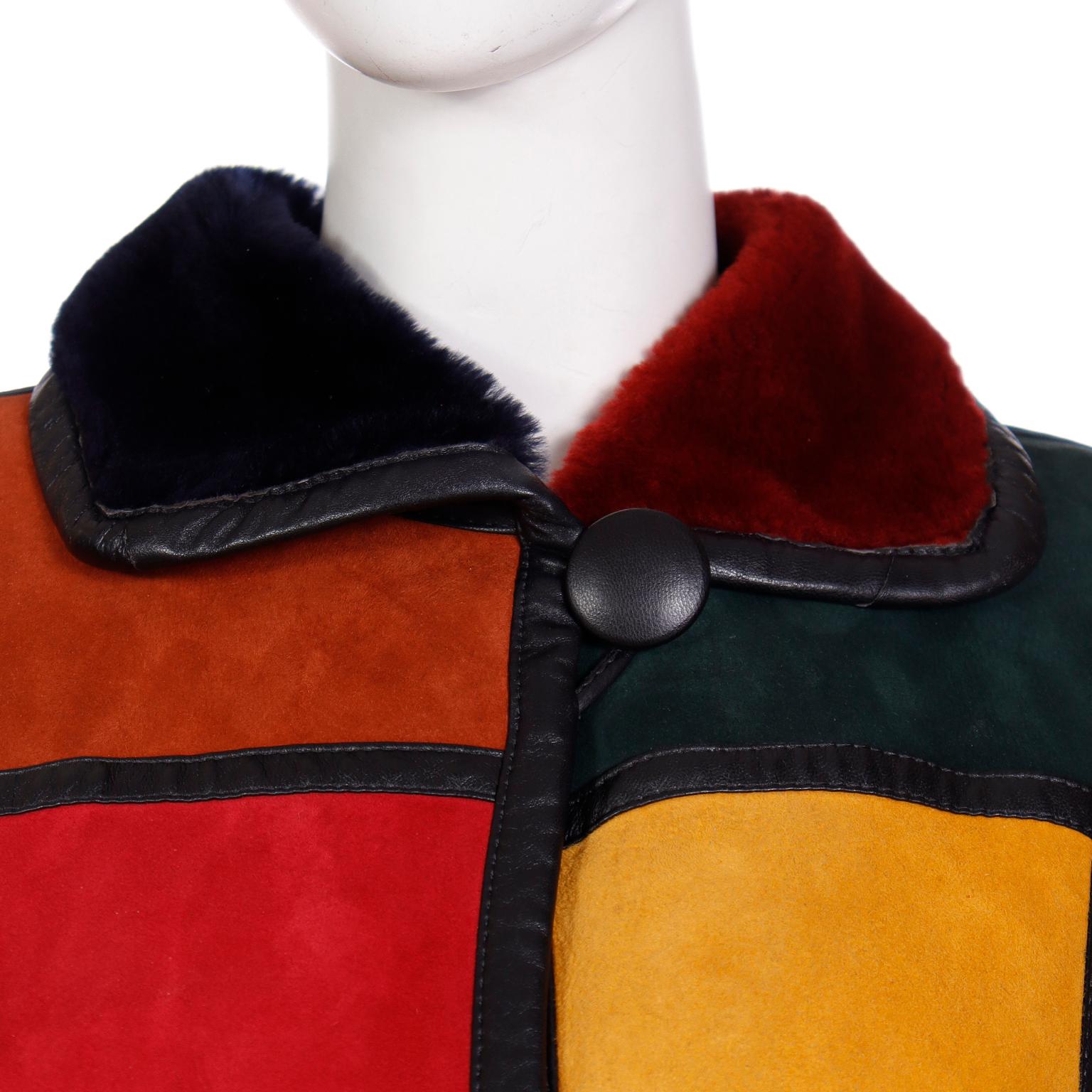 Donna Karan Vintage Patchwork Color Block Shearling Reversible Coat w Faux Fur  For Sale 4