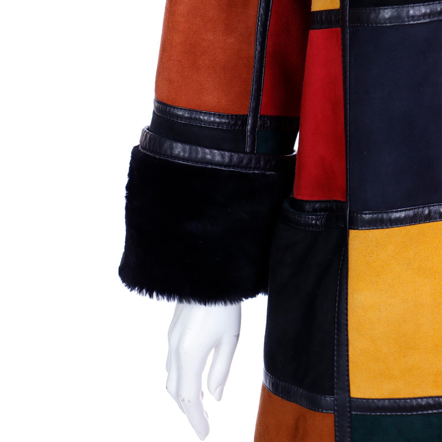 Donna Karan Vintage Patchwork Color Block Shearling Reversible Coat w Faux Fur  For Sale 5