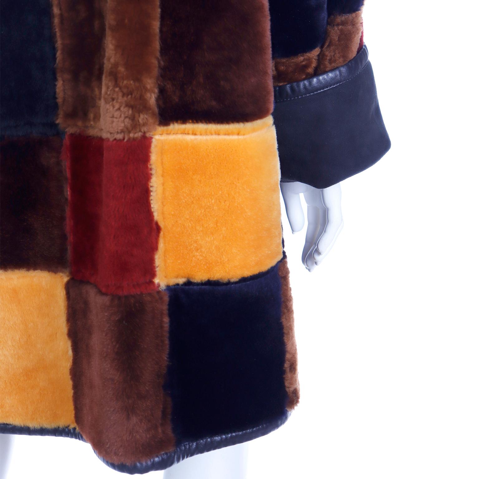 Donna Karan Vintage Patchwork Color Block Shearling Reversible Coat w Faux Fur  For Sale 6