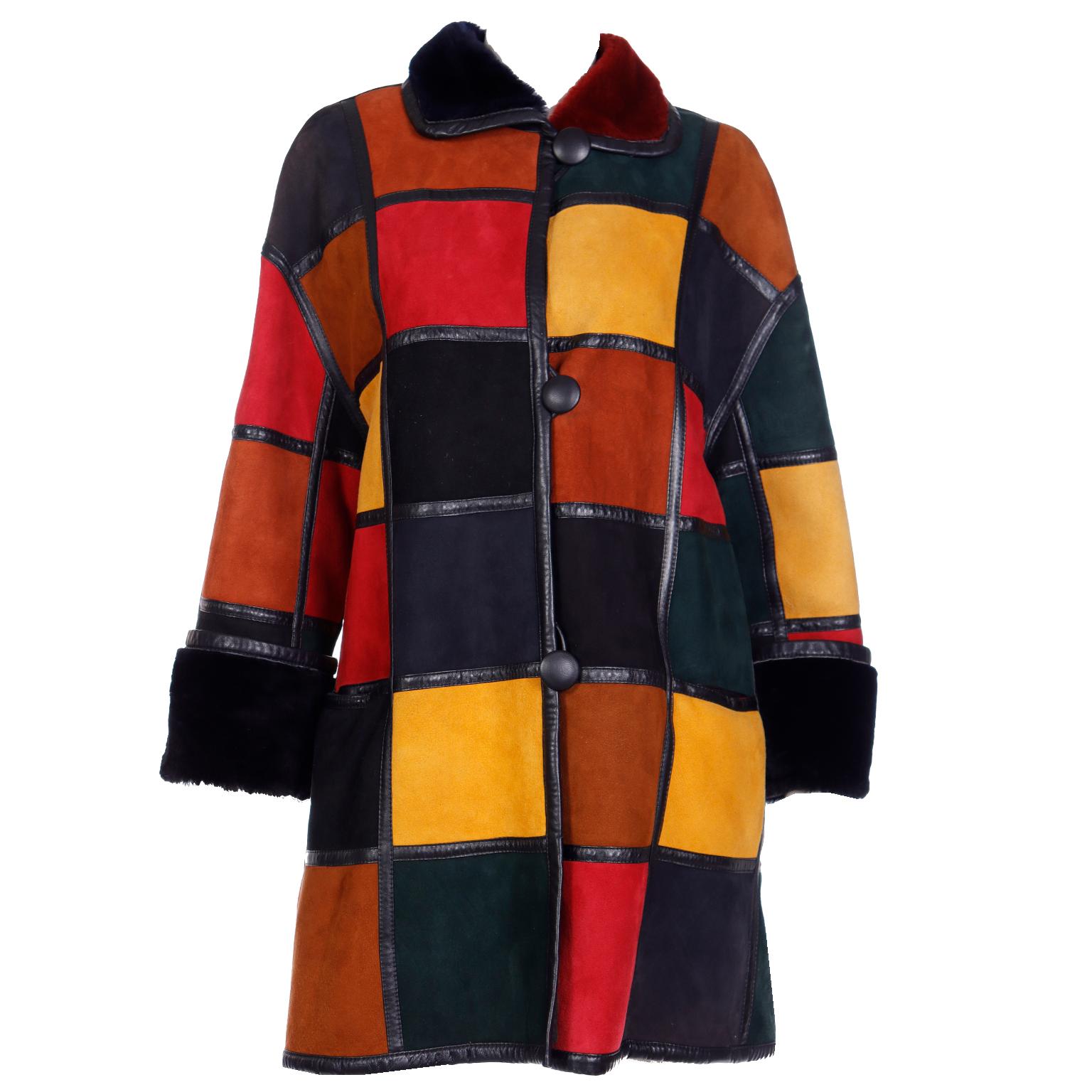 Donna Karan Vintage Patchwork Color Block Shearling Reversible Coat w Faux Fur  For Sale 8