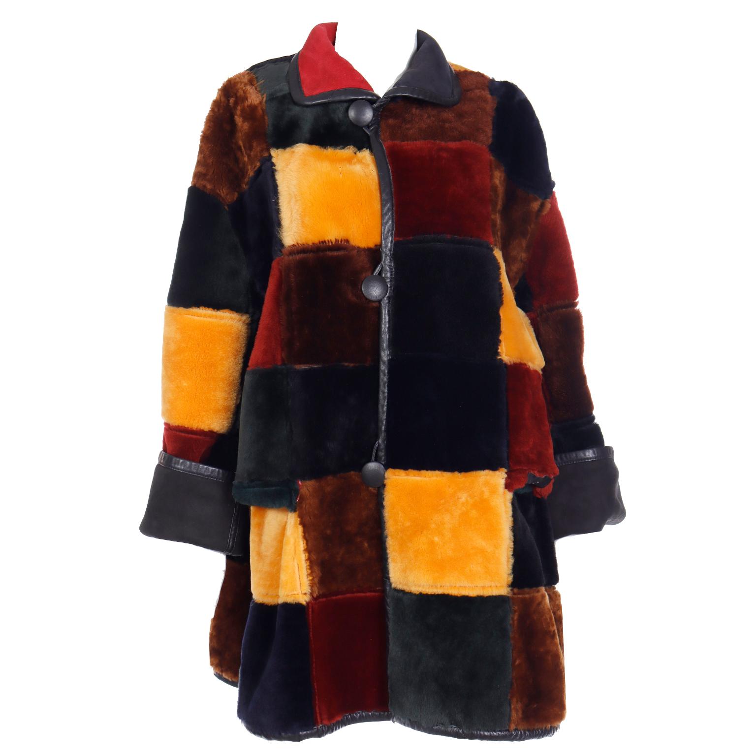Donna Karan Vintage Patchwork Color Block Shearling Reversible Coat w Faux Fur  For Sale 9