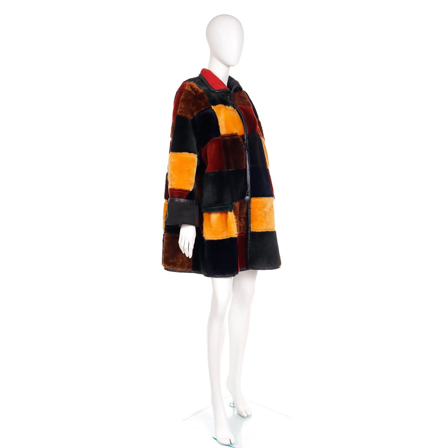 Donna Karan Vintage Patchwork Color Block Shearling Reversible Coat w Faux Fur  In Excellent Condition For Sale In Portland, OR