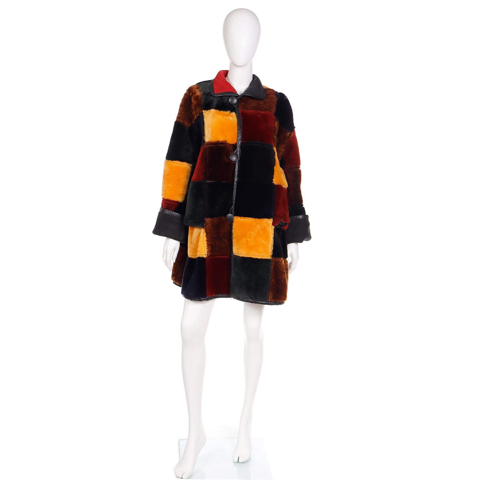 Women's Donna Karan Vintage Patchwork Color Block Shearling Reversible Coat w Faux Fur  For Sale