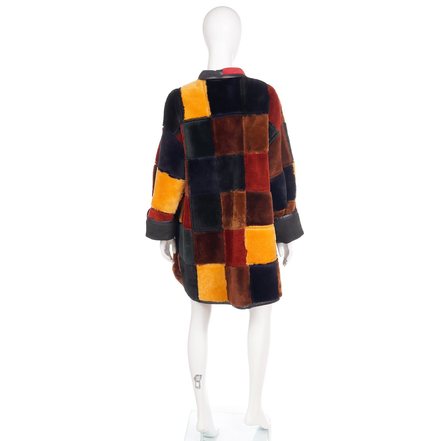 Donna Karan Vintage Patchwork Color Block Shearling Reversible Coat w Faux Fur  For Sale 1