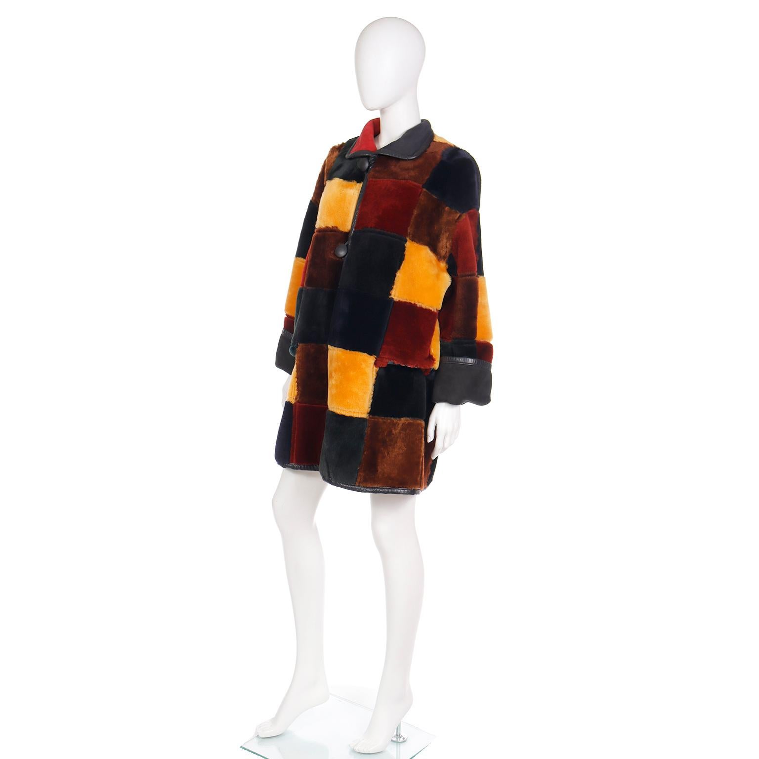 Donna Karan Vintage Patchwork Color Block Shearling Reversible Coat w Faux Fur  For Sale 2