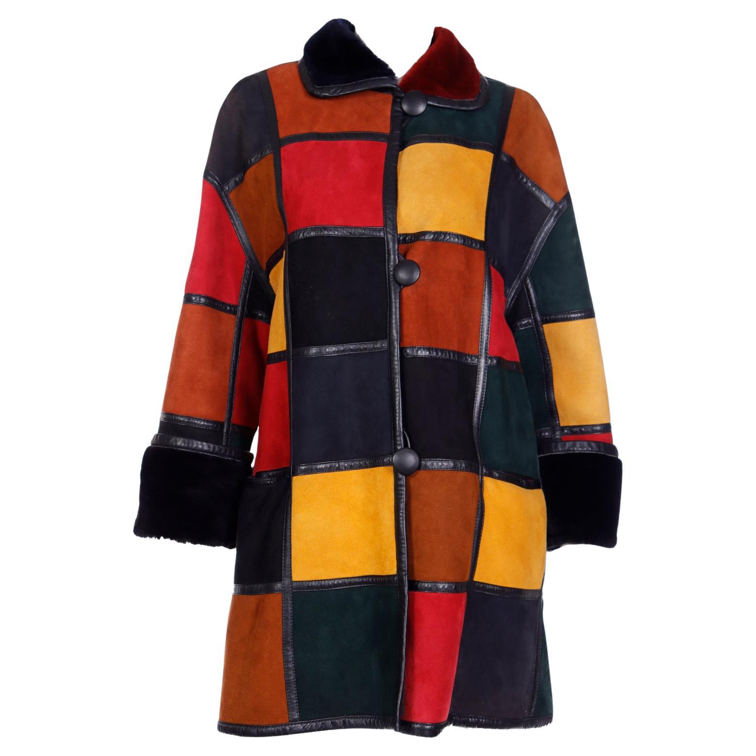Donna Karan Vintage Patchwork Color Block Shearling Reversible Coat w Faux Fur  For Sale