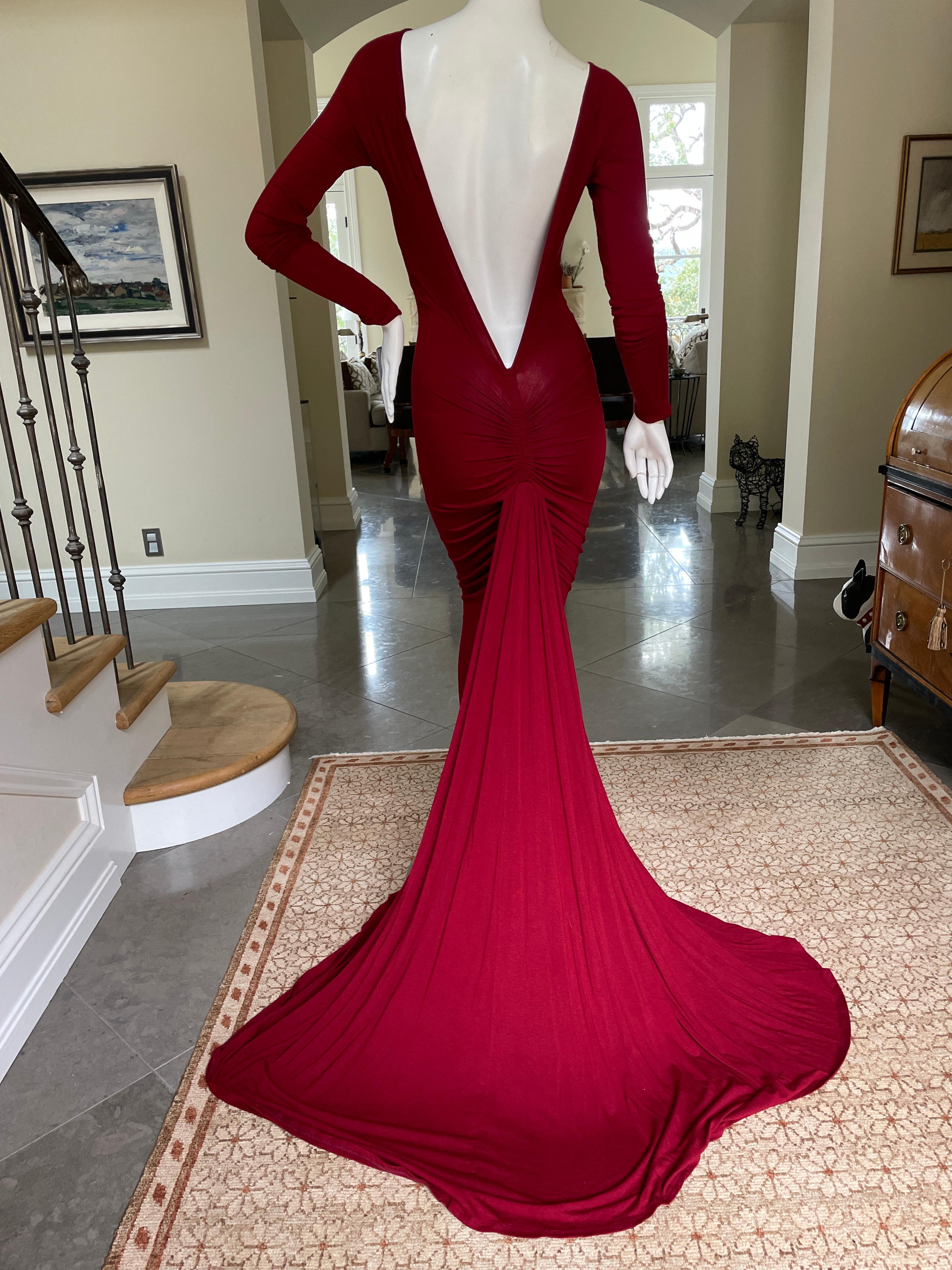 Donna Karan Vintage Rotes Jersey Fischschwanz-Abendkleid mit tiefem Rückenausschnitt Damen