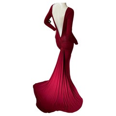 Donna Karan Vintage Red Jersey Fishtail Evening Dress with Plunging Back