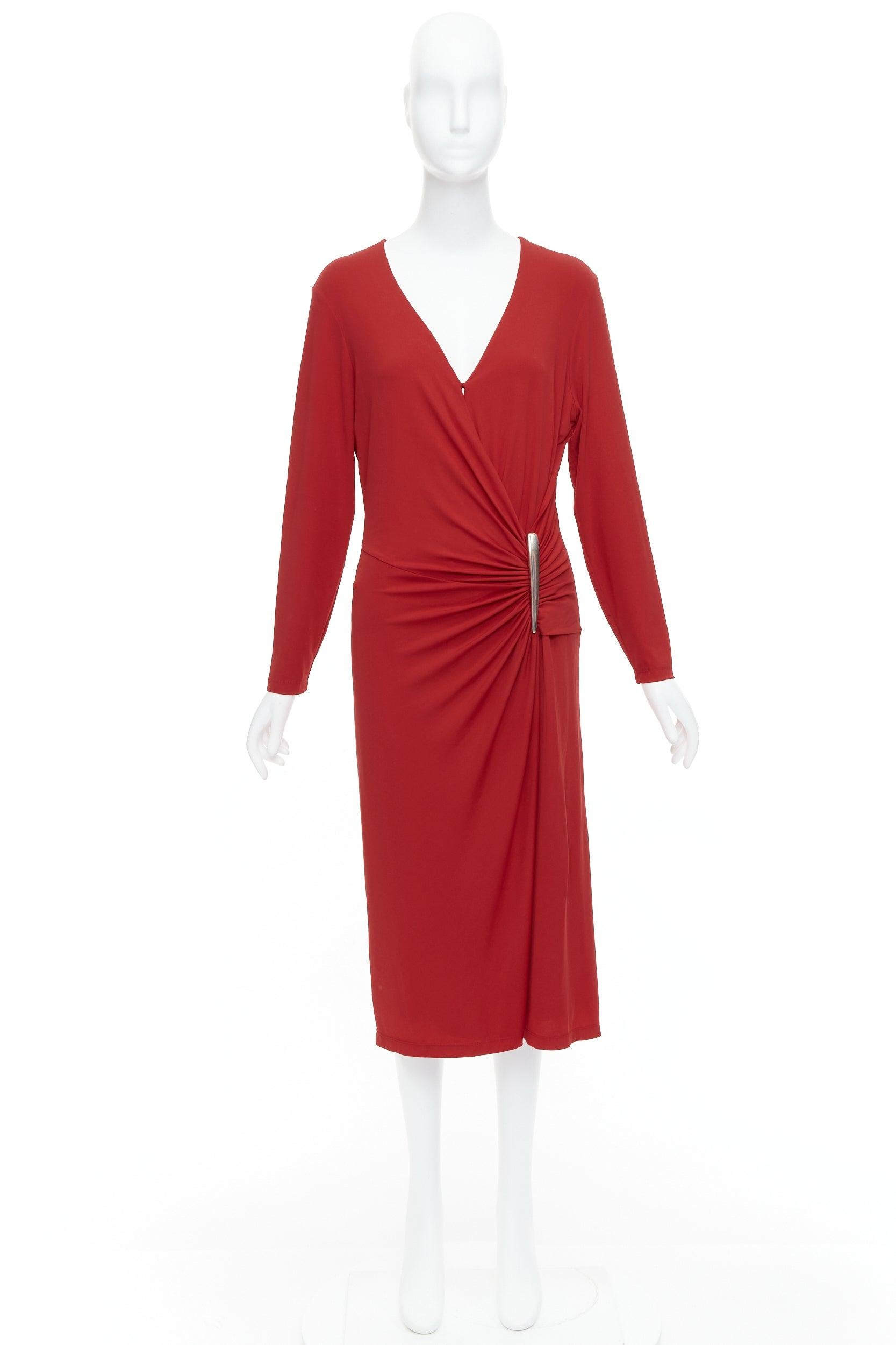 DONNA KARAN Vintage red viscose blend V neck silver buckle drape midi dress L For Sale 5