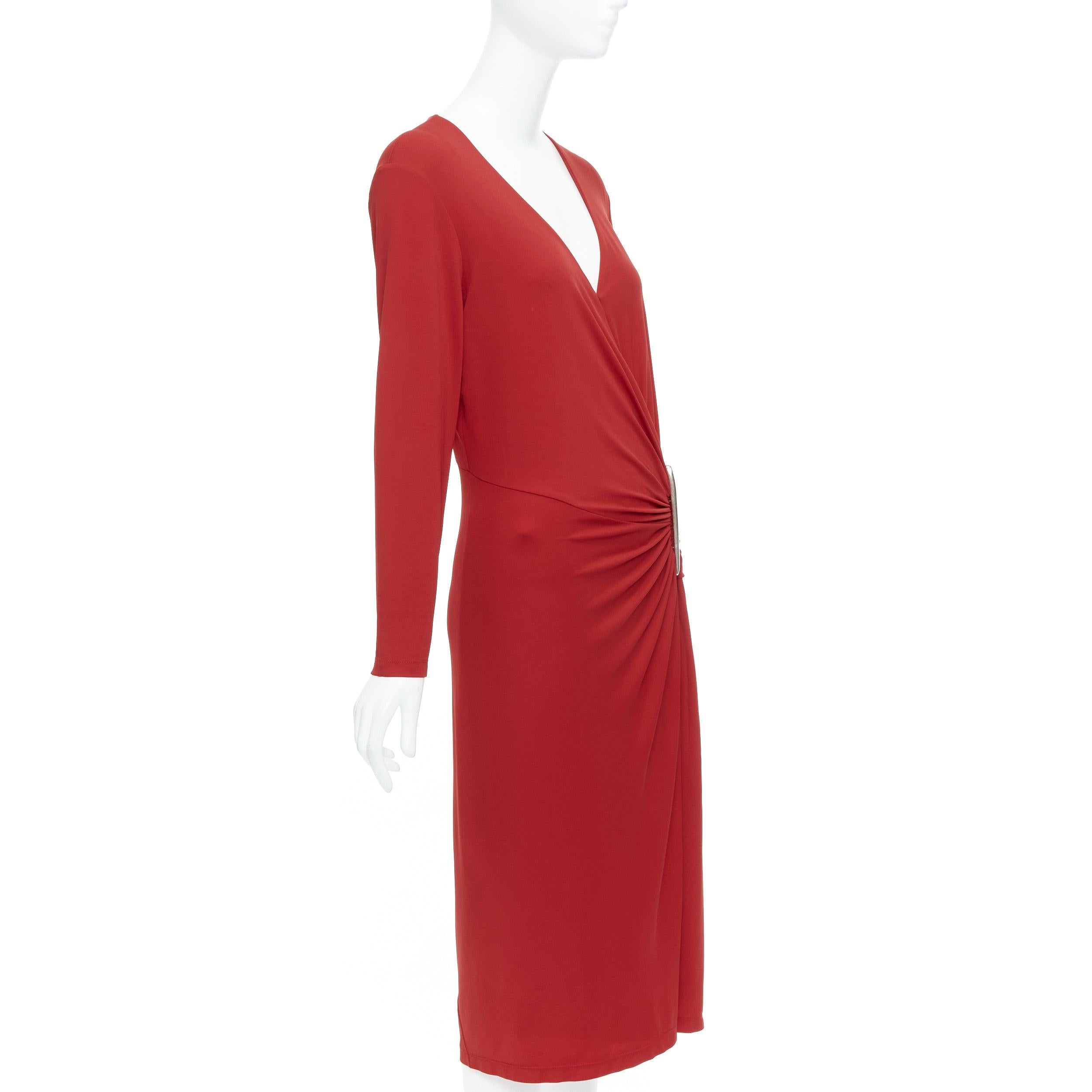 Red DONNA KARAN Vintage red viscose blend V neck silver buckle drape midi dress L For Sale