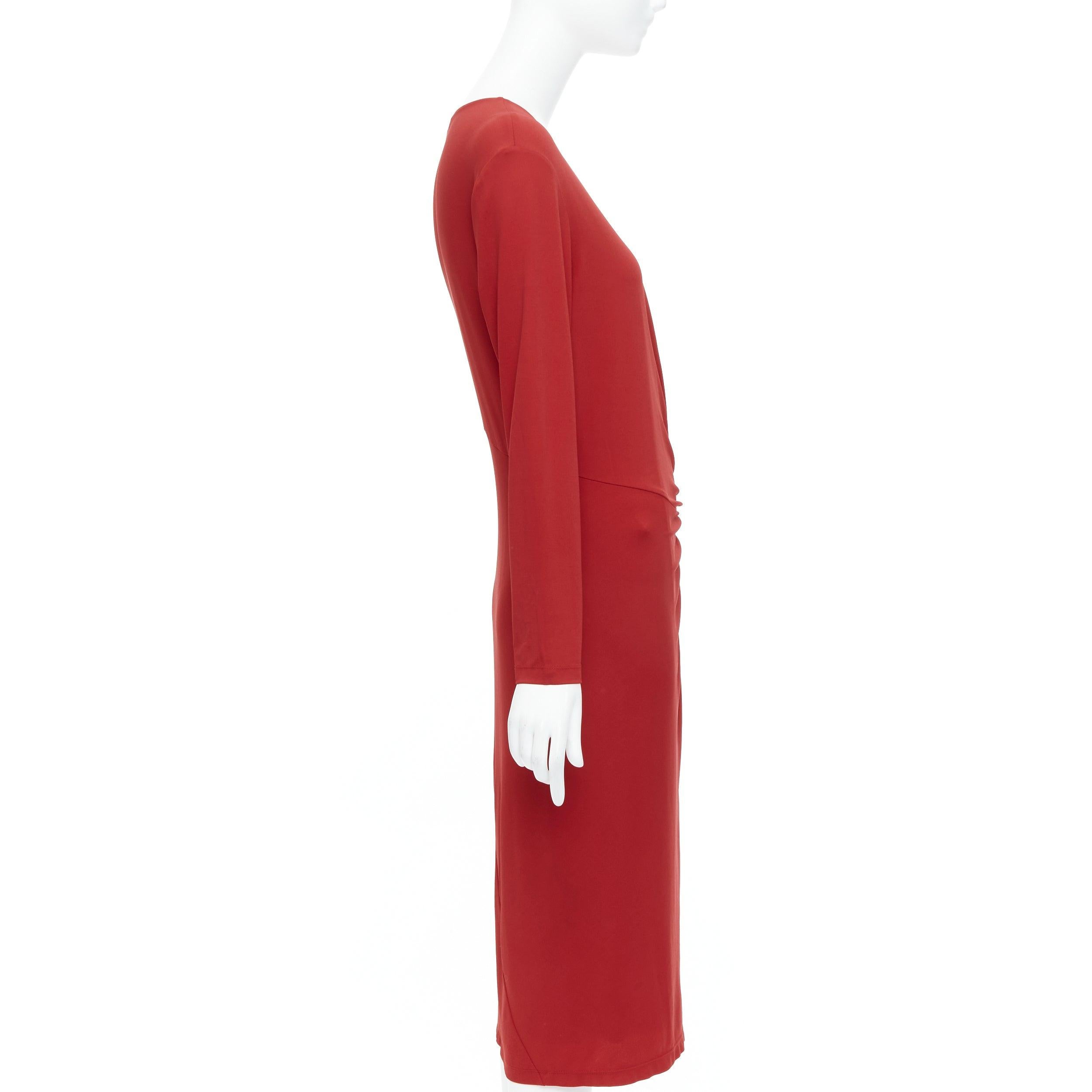 DONNA KARAN Vintage red viscose blend V neck silver buckle drape midi dress L In Good Condition For Sale In Hong Kong, NT