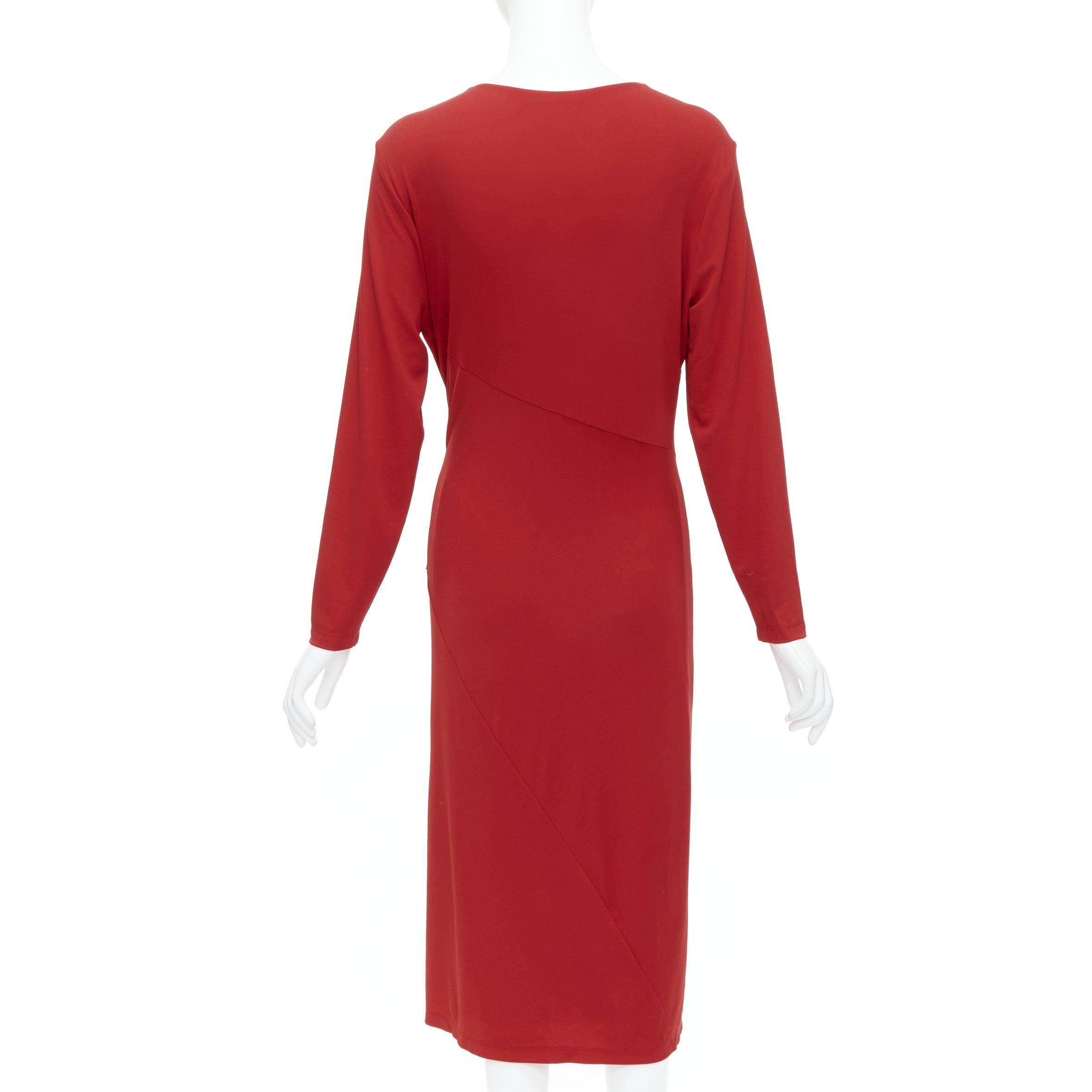 Women's DONNA KARAN Vintage red viscose blend V neck silver buckle drape midi dress L For Sale