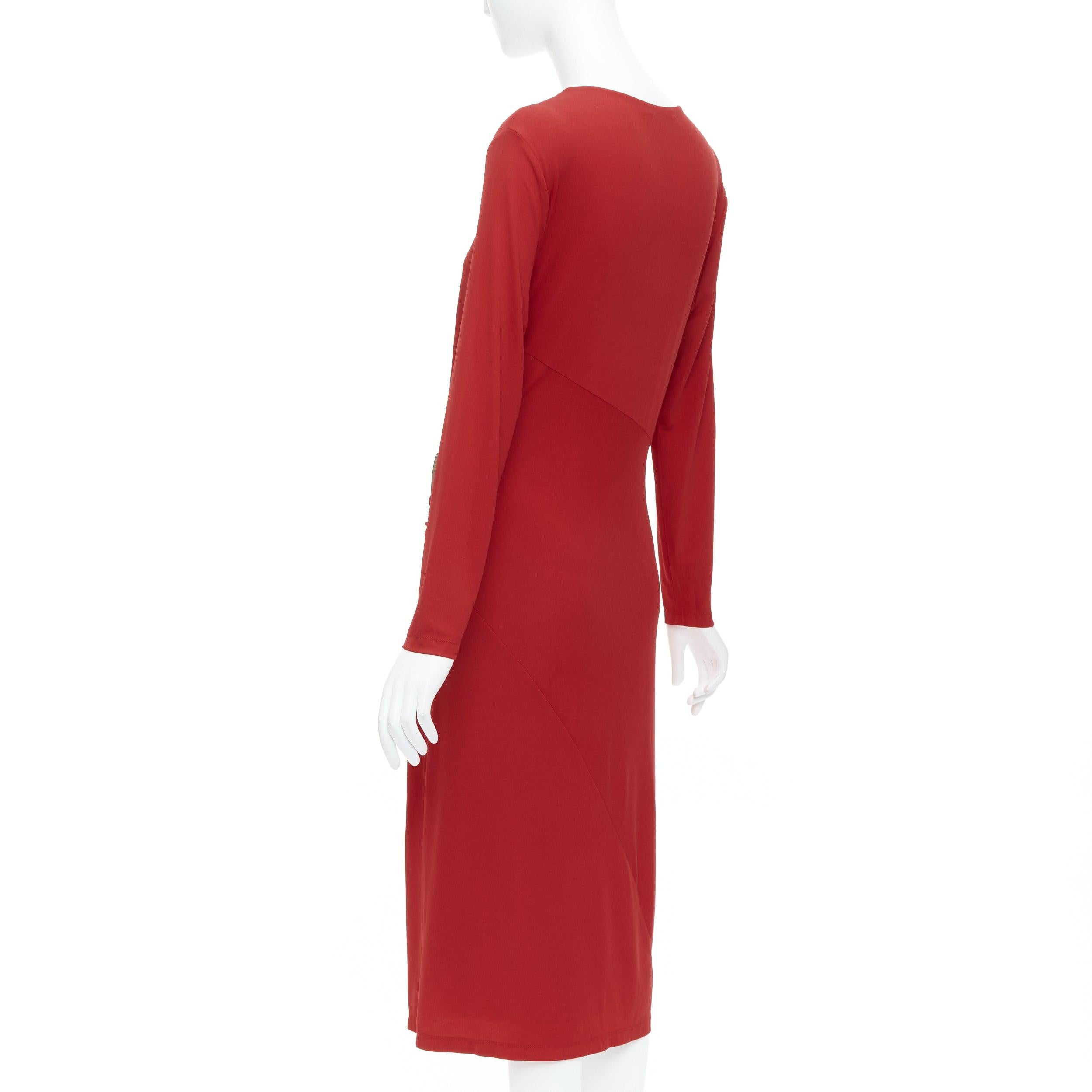 DONNA KARAN Vintage red viscose blend V neck silver buckle drape midi dress L For Sale 1