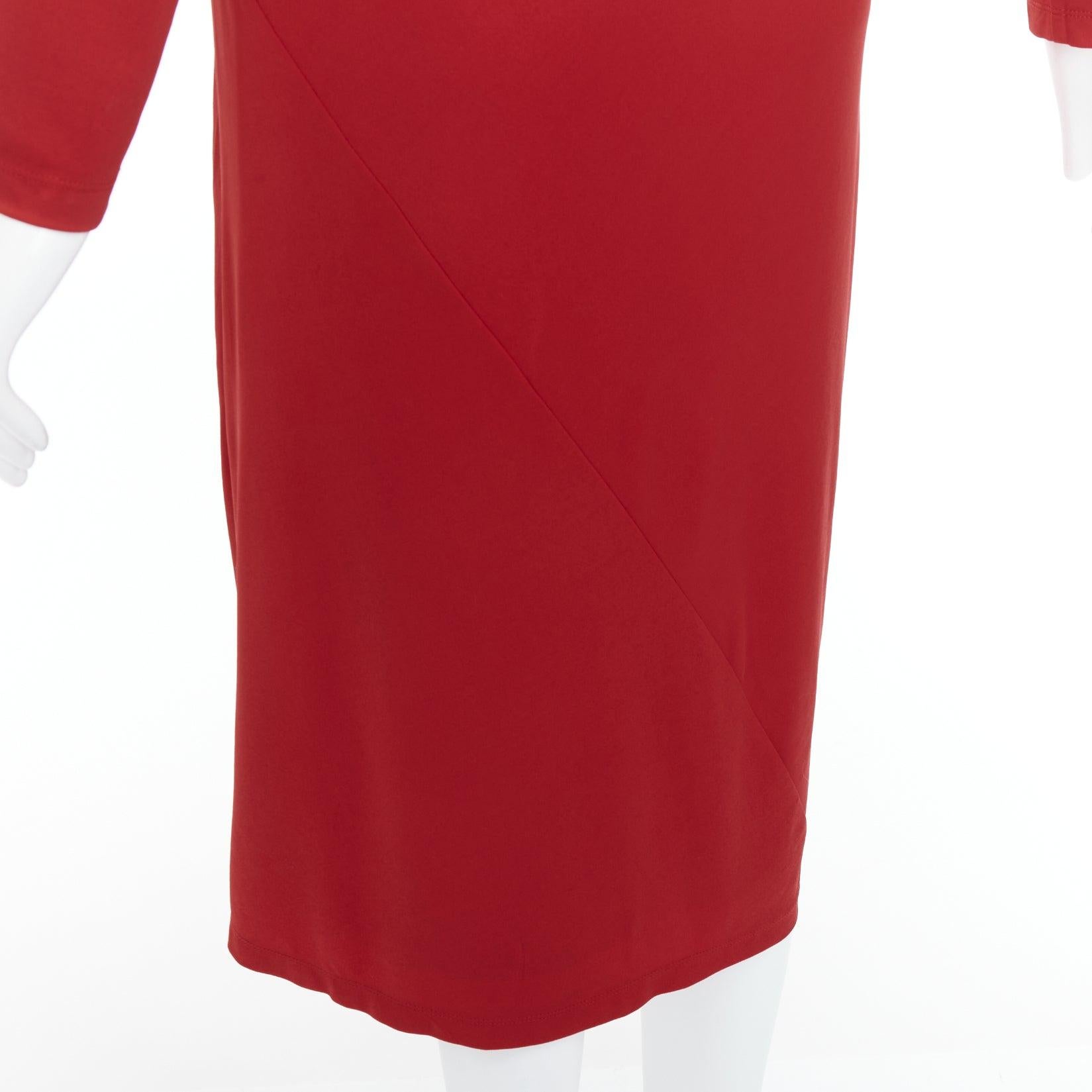 DONNA KARAN Vintage red viscose blend V neck silver buckle drape midi dress L For Sale 3