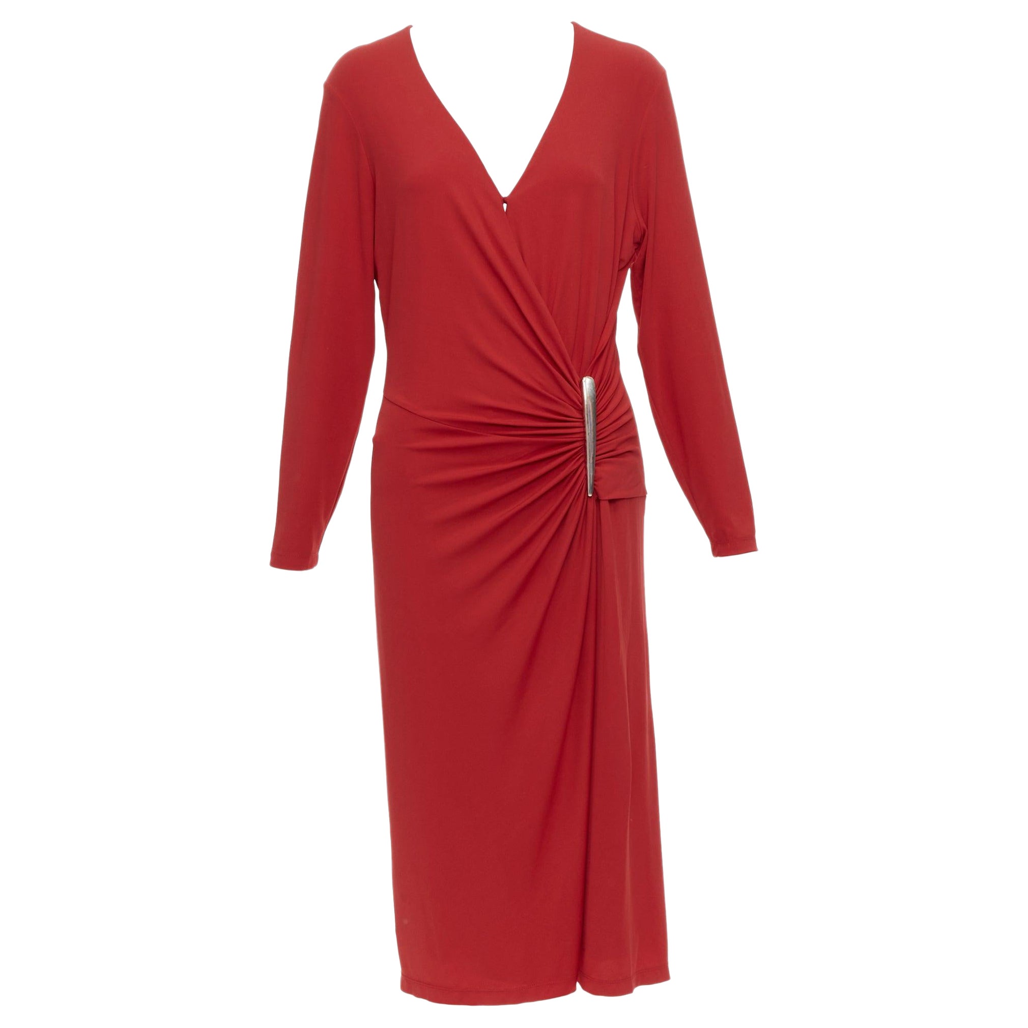 DONNA KARAN Robe midi vintage drapée à col en V et boucles argentées en viscose rouge L