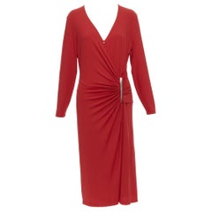 DONNA KARAN Robe midi vintage drapée à col en V et boucles argentées en viscose rouge L