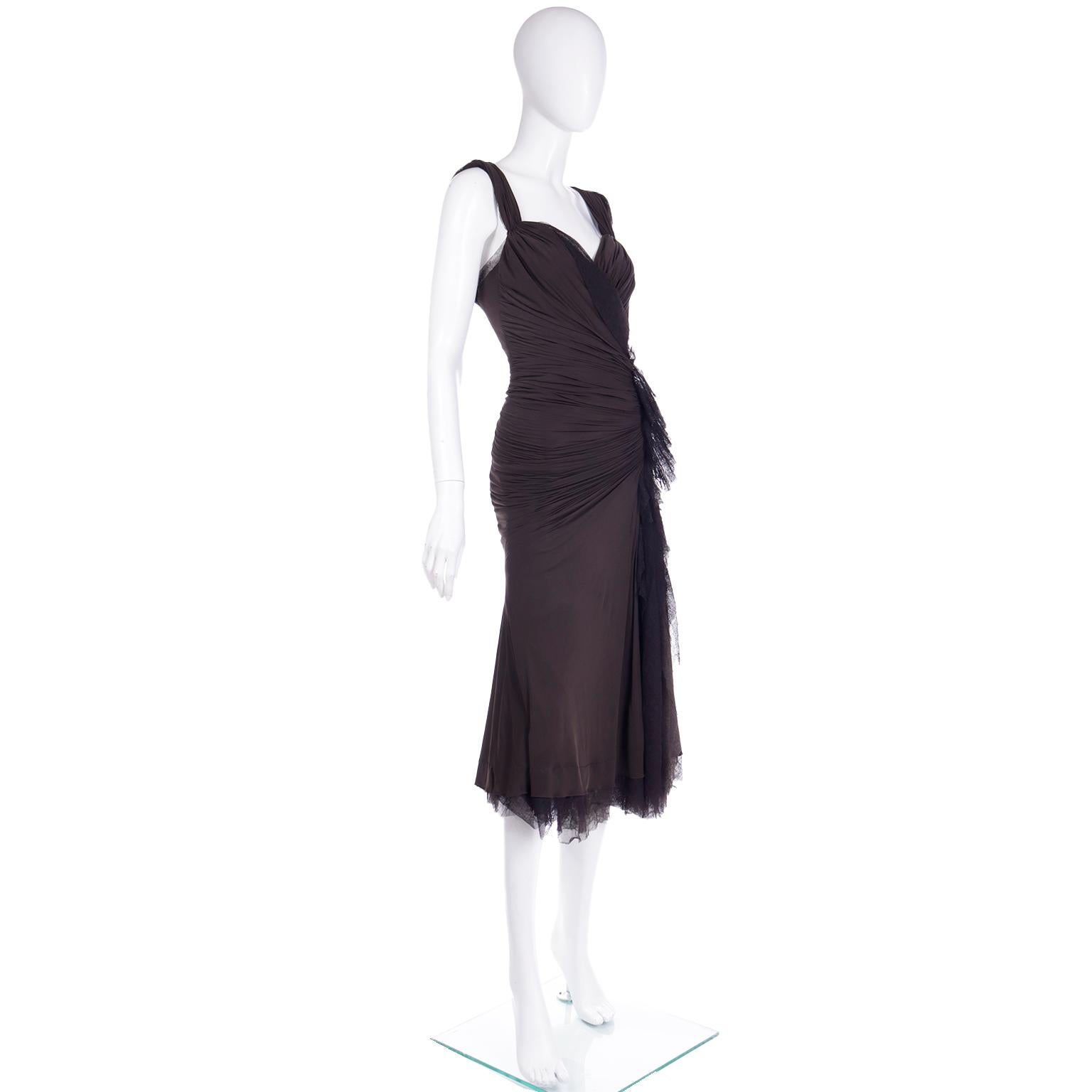 Black Donna Karan 2004 Vintage Ruched Brown Evening Dress with Mesh Details For Sale