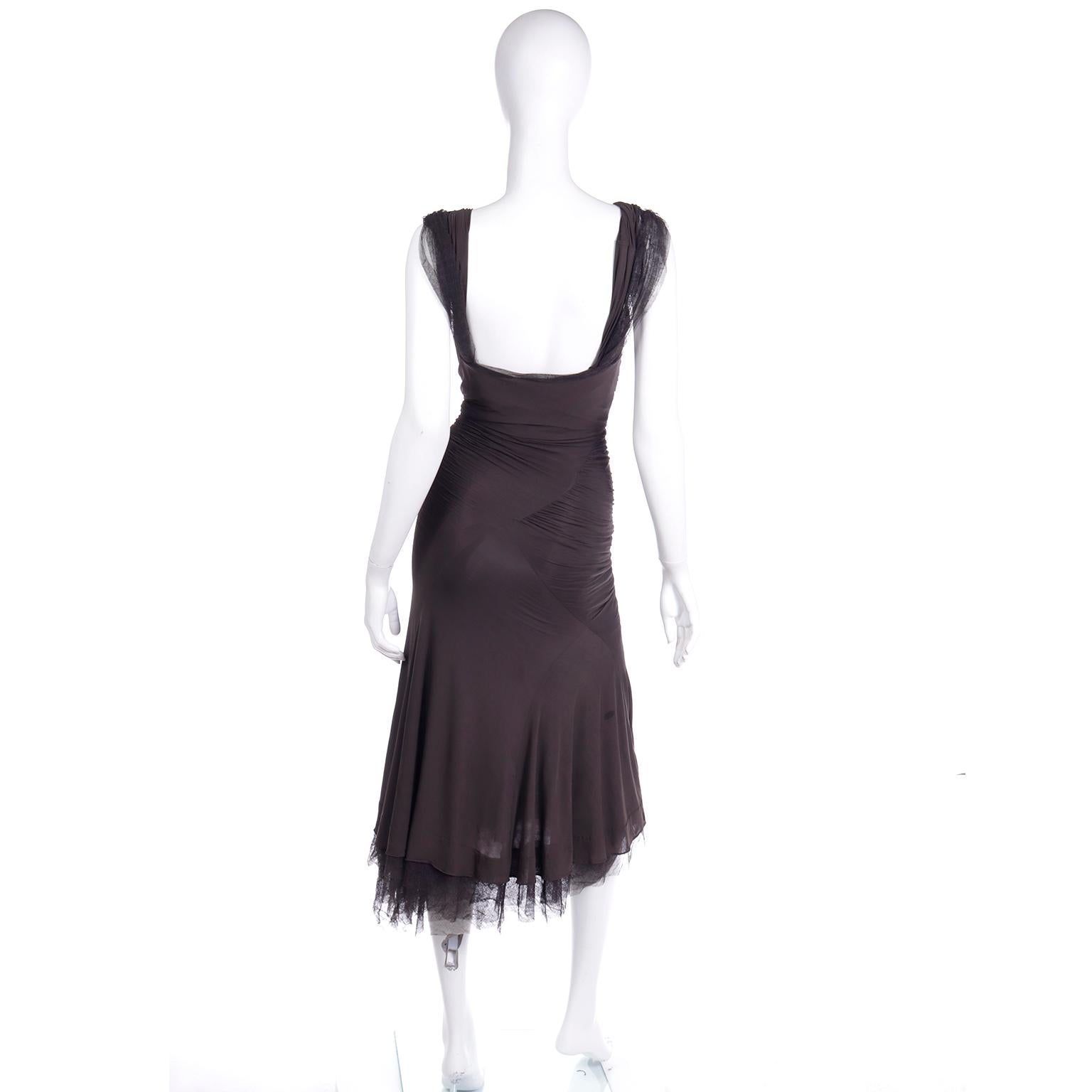 Donna Karan 2004 Vintage Ruched Brown Evening Dress with Mesh Details In Excellent Condition For Sale In Portland, OR