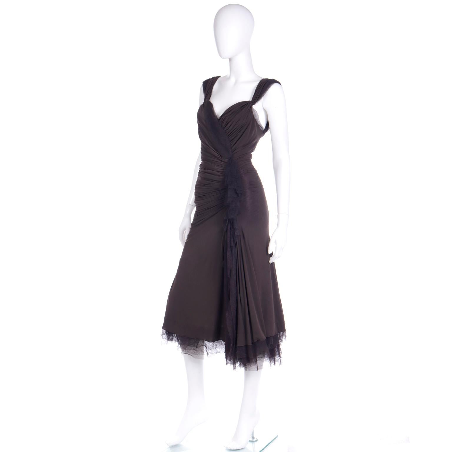 Women's Donna Karan 2004 Vintage Ruched Brown Evening Dress with Mesh Details For Sale