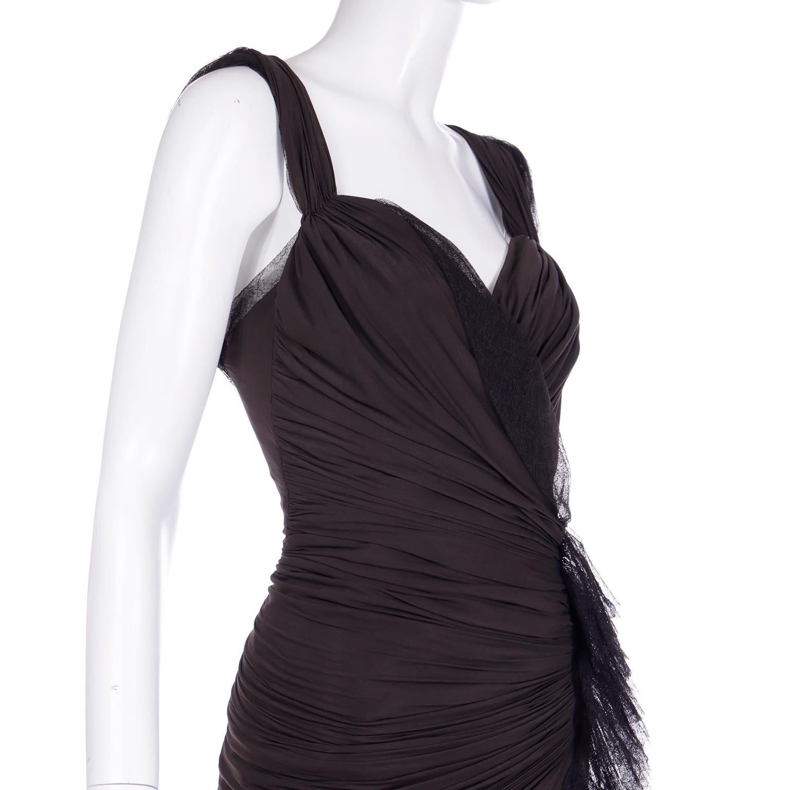 Donna Karan 2004 Vintage Ruched Brown Evening Dress with Mesh Details For Sale 1