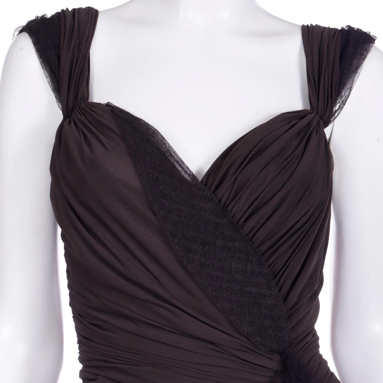 Donna Karan 2004 Vintage Ruched Brown Evening Dress with Mesh Details For Sale 2
