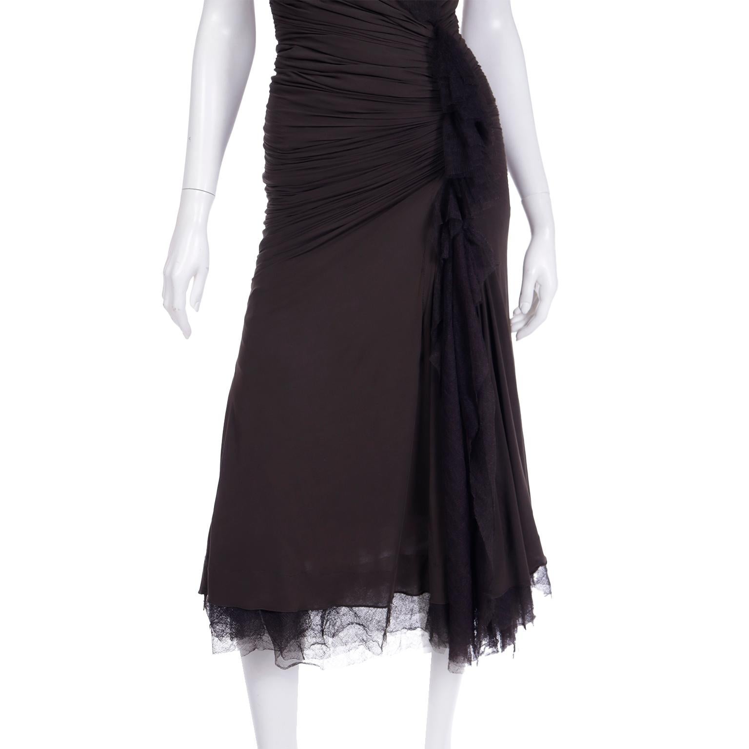 Donna Karan 2004 Vintage Ruched Brown Evening Dress with Mesh Details For Sale 4
