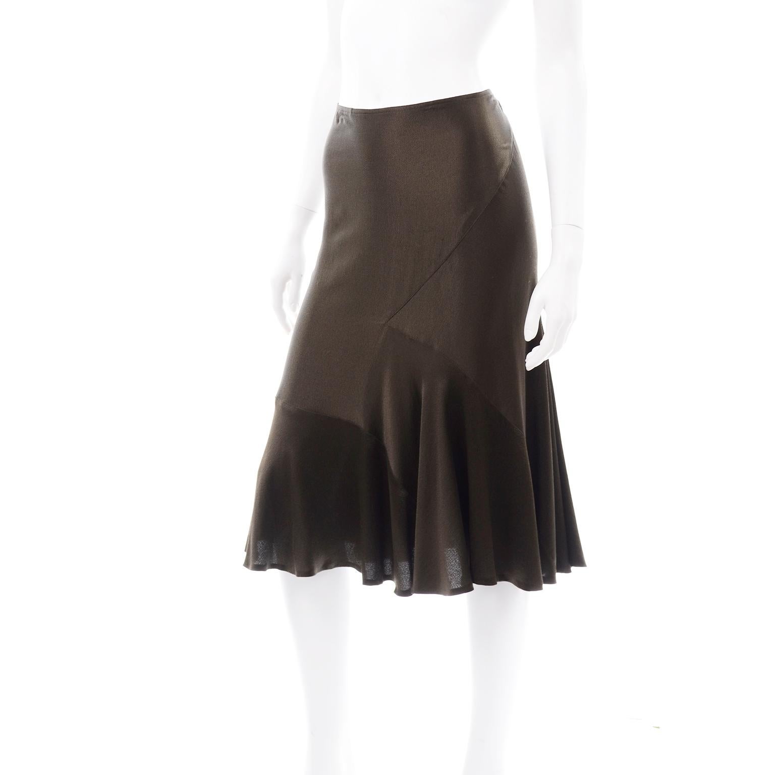 Nero Donna Karan - Gonna in seta vintage con taglio in sbieco in marrone e verde oliva