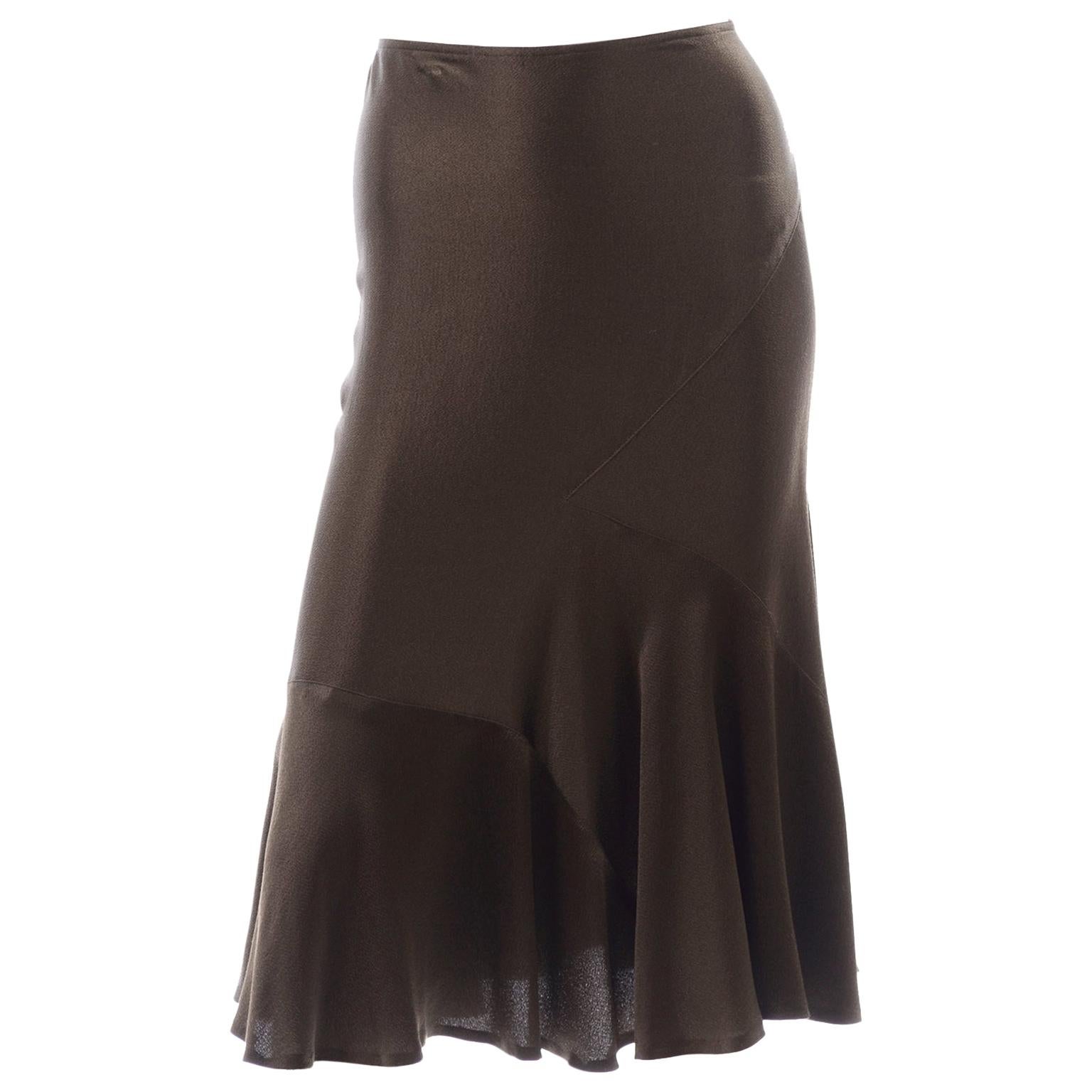 Donna Karan Vintage Silk Bias Cut Skirt in Brown Olive Green