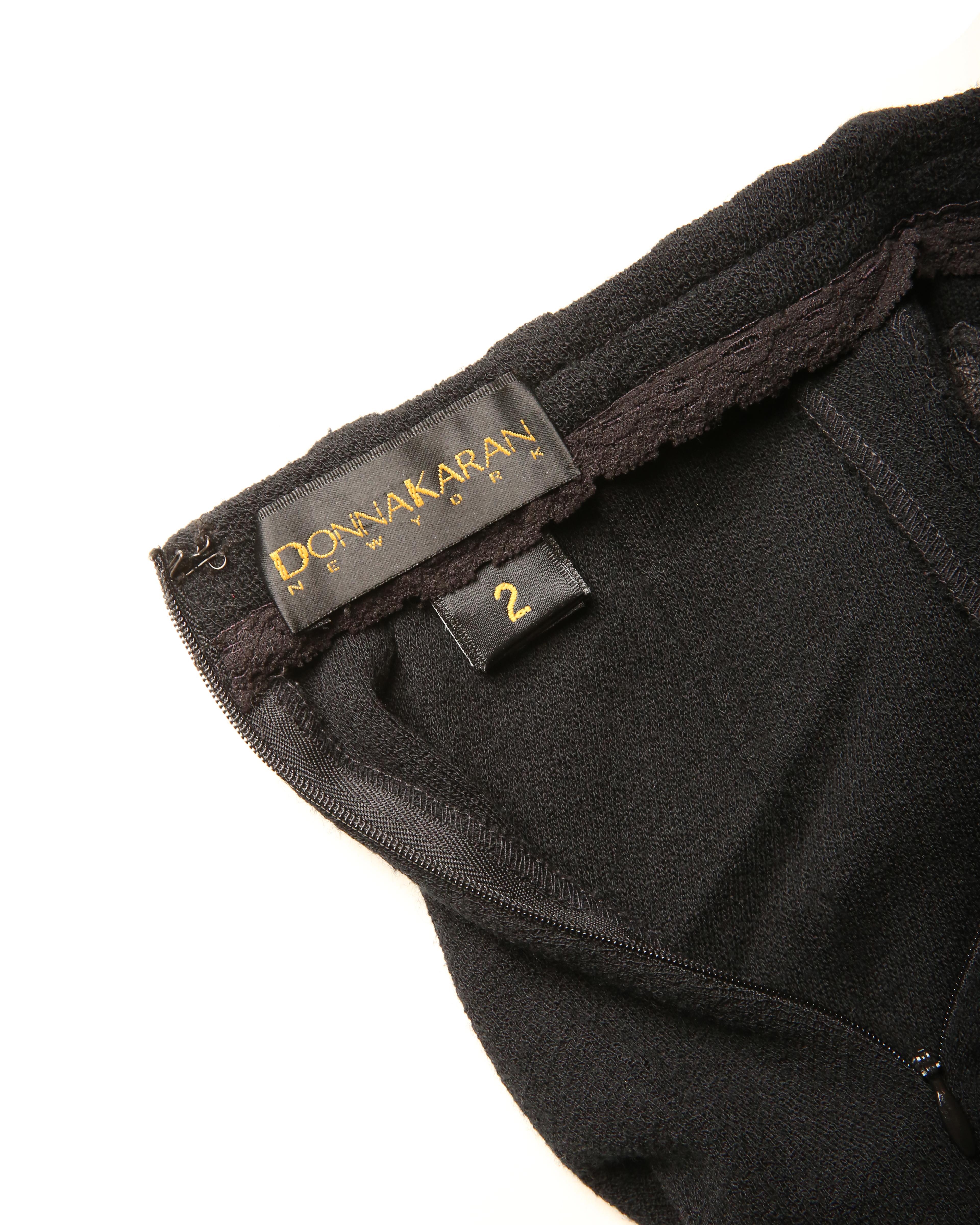 Donna Karan vtg navy blue black gold button zip wool leather high waisted skirt 6
