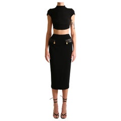 Donna Karan - Jupe taille haute en cuir et laine à fermeture éclair boutonnée, bleu marine et noir doré, vtg