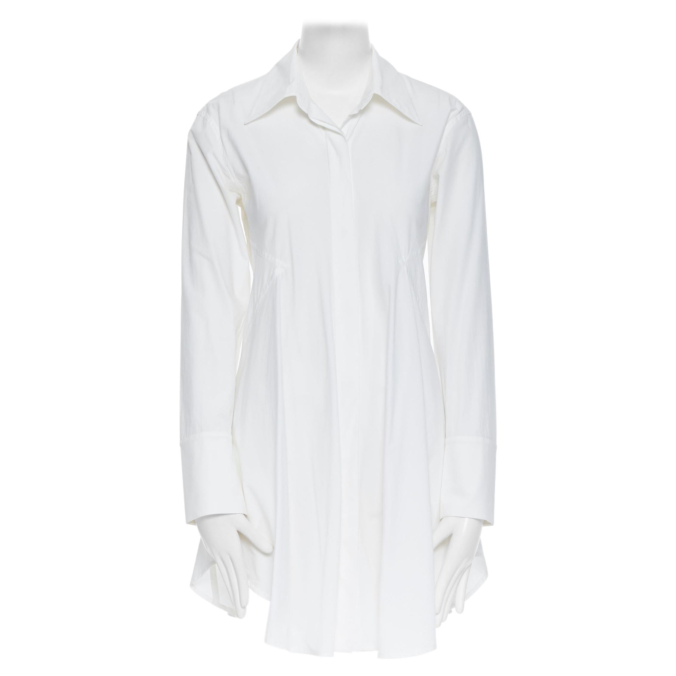 DONNA KARAN white cotton blend angular dart slit pocket mini shirt dress US2