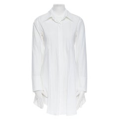 DONNA KARAN white cotton blend angular dart slit pocket mini shirt dress US2