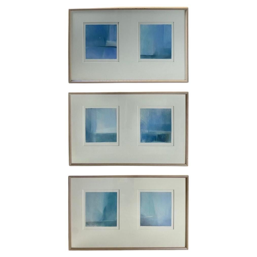 Donna Levinstone Minimalist Pastel Paintings in Blue Tones, Set of 3 For Sale