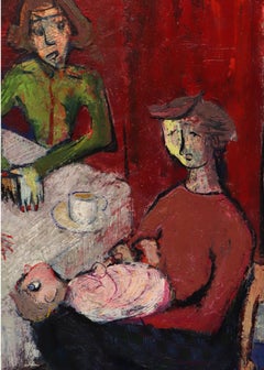 Donna Marecak 1950 Oil on Board “Artist and His Family” Modernist Figurative Art