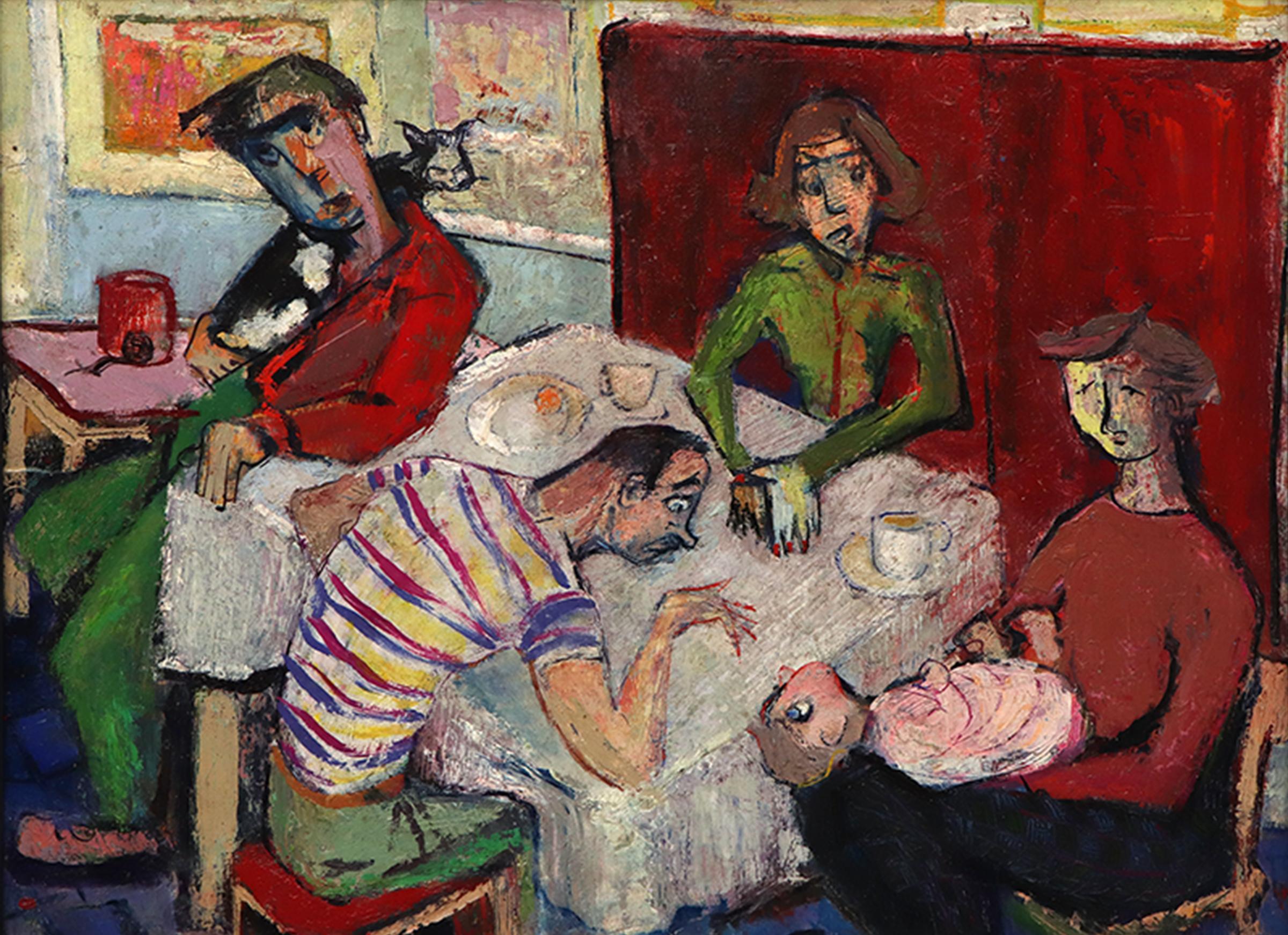 Oil on board painting by Donna Marecak (1922-1998) titled 'Artist and his Family' from 1950.  Interior scene with four figures, a baby, and a cat gathered around a table. Painted in shades of red, green, white, orange, brown, and yellow. 

Presented