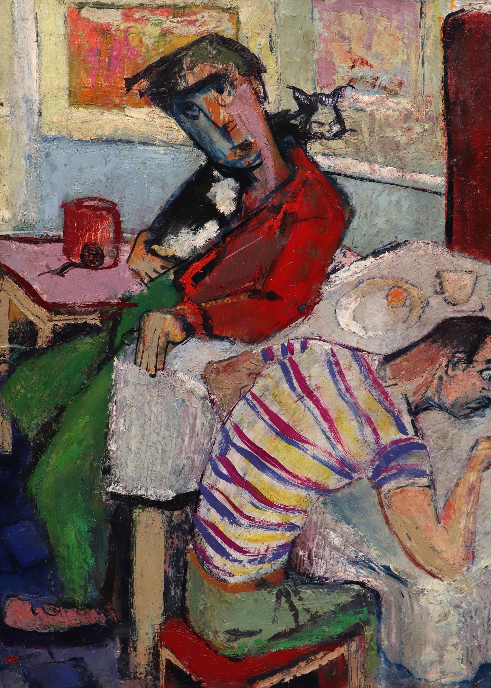 Artist and His Family, 1950s Interior Figurative Oil Painting, Red Green  White For Sale 1
