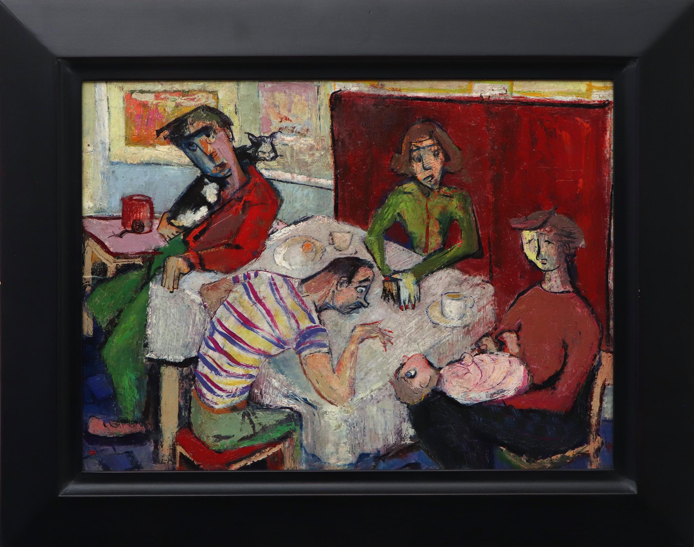 Artist and His Family, 1950s Interior Figurative Oil Painting, Red Green  White